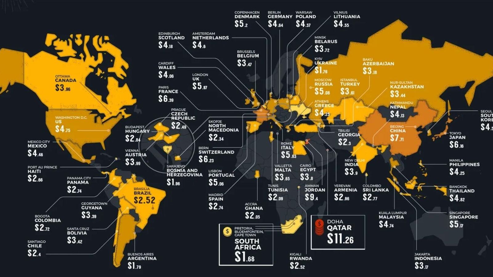 Mapa del precio de la cerveza en 58 países