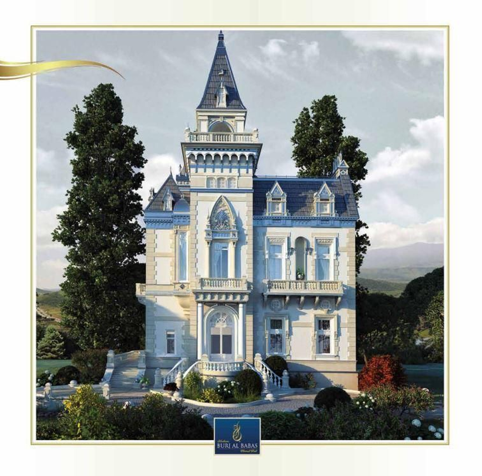 Render de la villa-castillo en el catálogo de Burj Al Babas