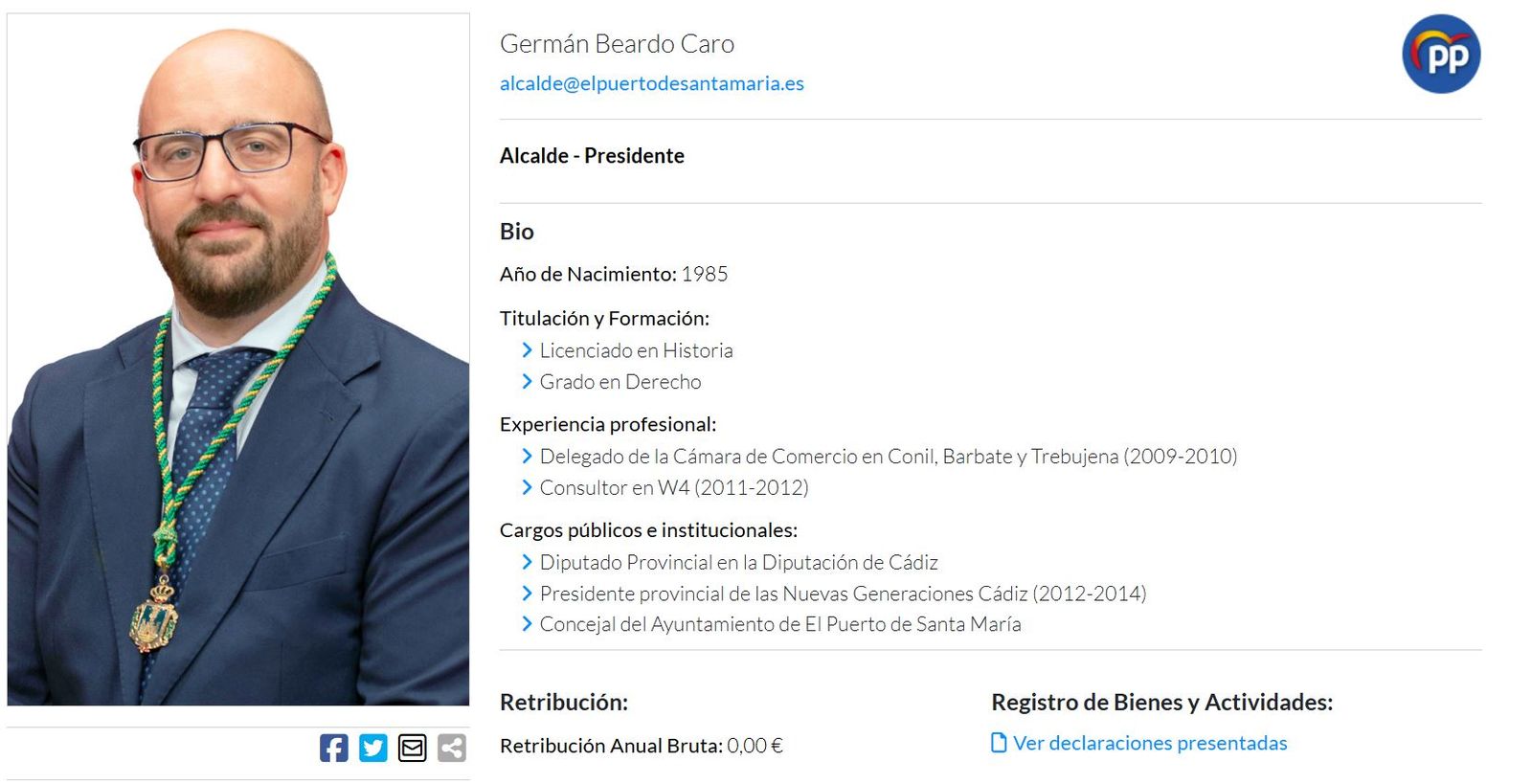 Captura de pantalla de la web municipal con el perfil del alcalde, Germán Beardo.
