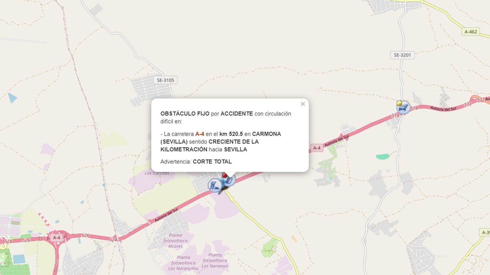 Aviso de la DGT del accidente en la A-4