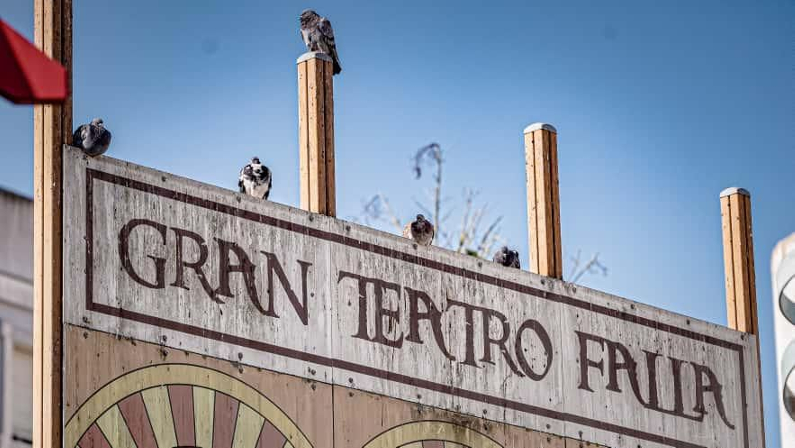 Portada del espacio de juegos invadido por las palomas.