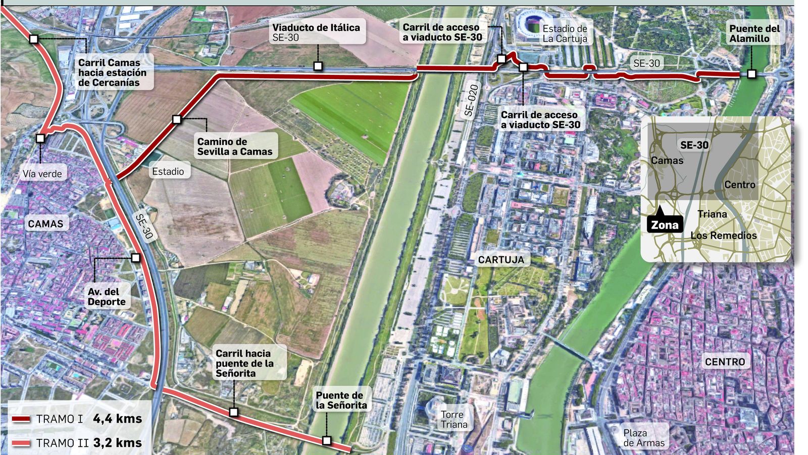 El trazado del carril bici Sevilla-Camas