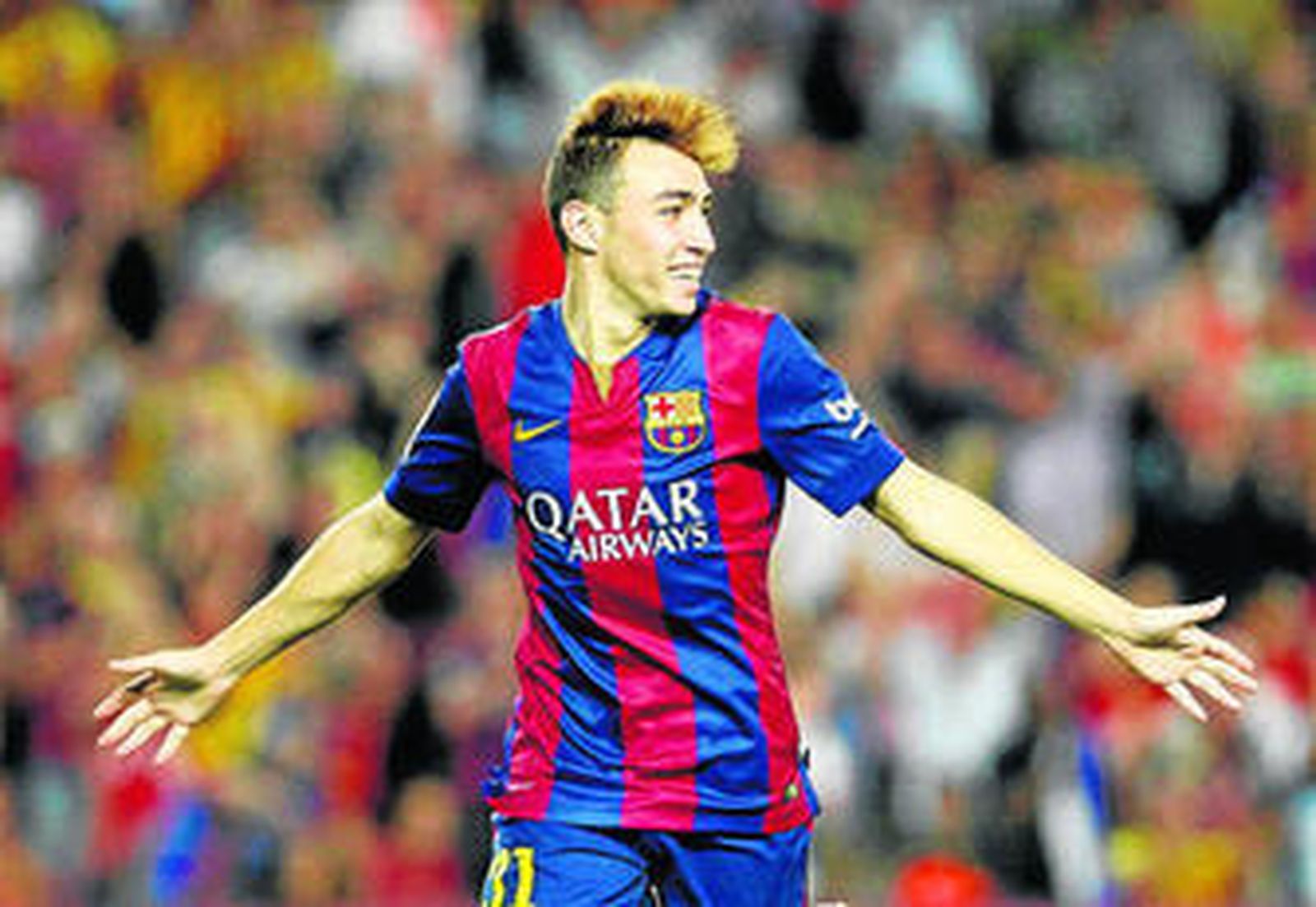 Munir El Haddadi celebra un gol marcado con la camiseta del Barcelona al Elche.