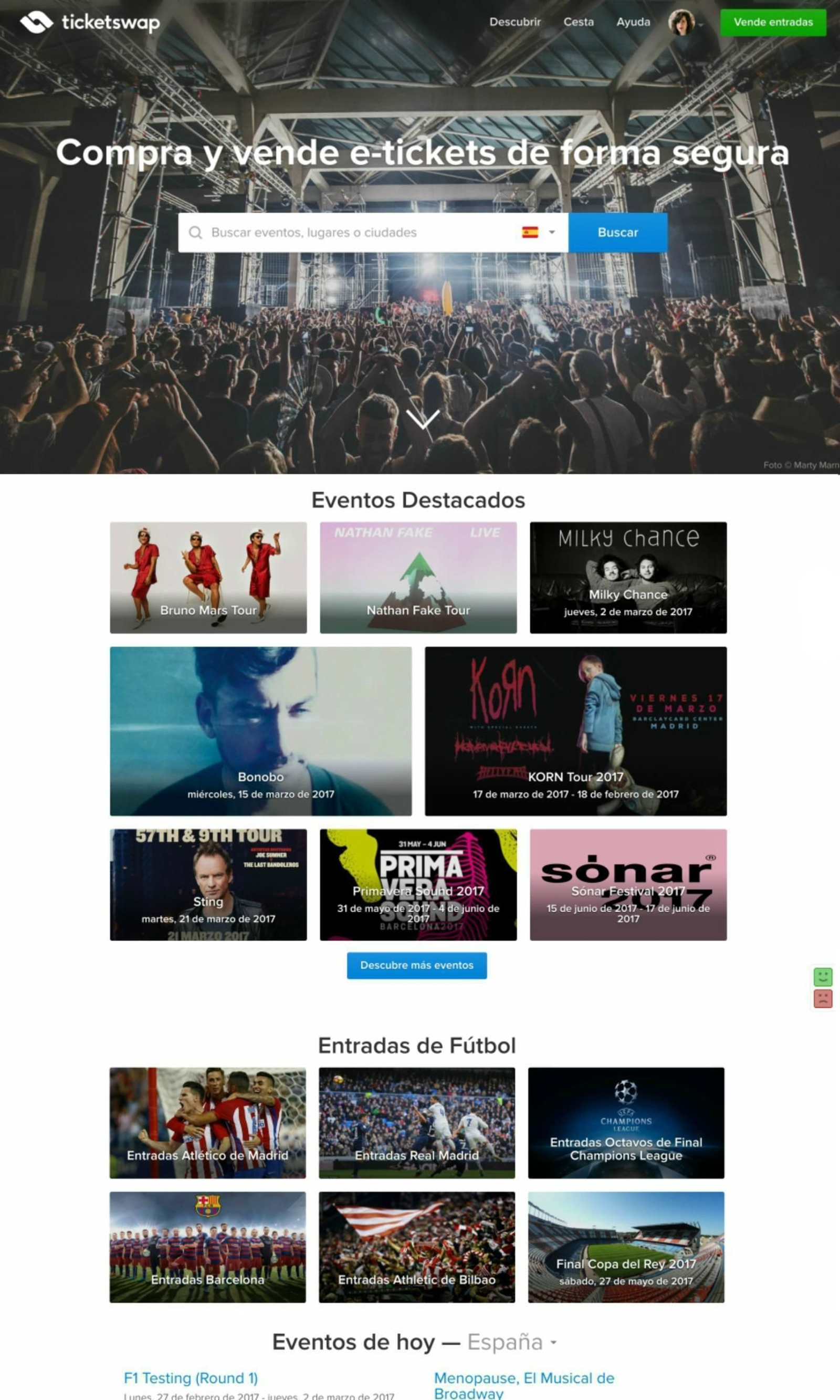 Página de inicio de TicketSwap España, en 'www.ticketswap.es'.