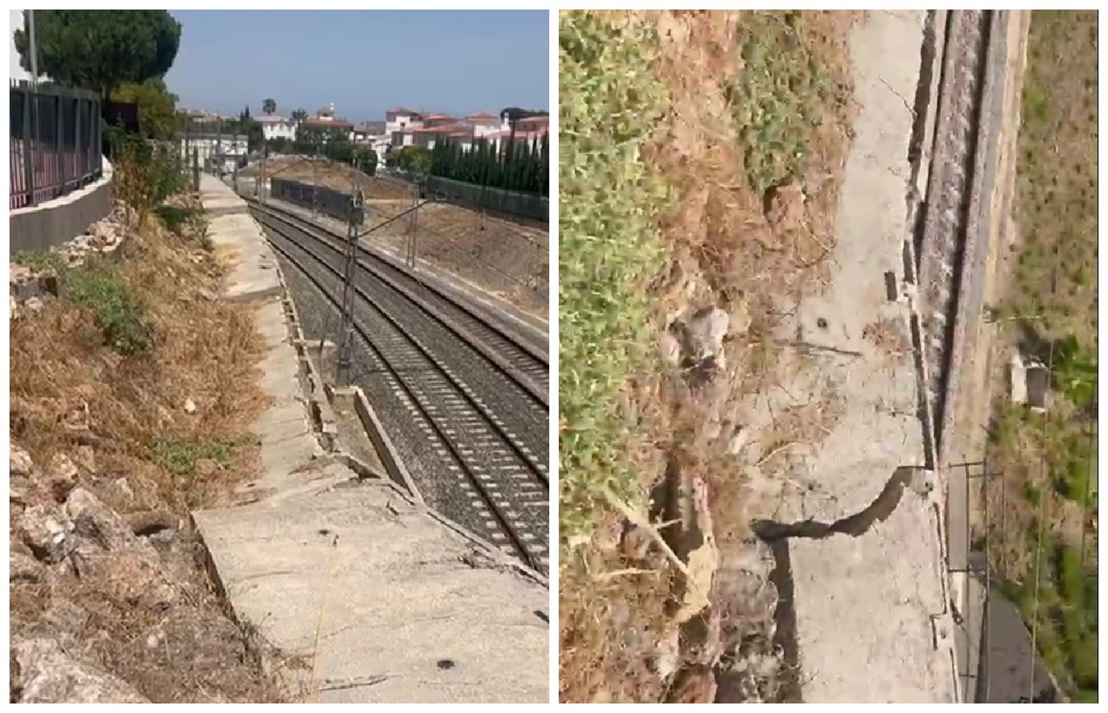 Grietas en el muro junto a las vías del Cercanías de Málaga, a su paso por Benalmádena.
