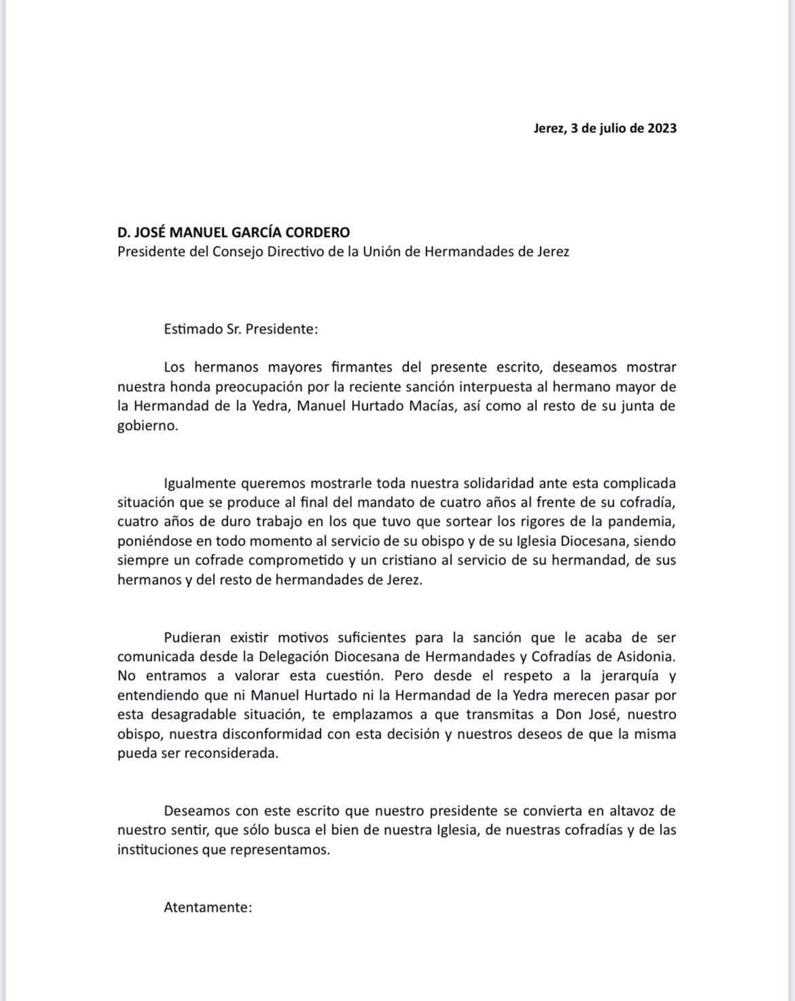 Carta de los hermanos mayores al presidente del consejo. Carta de los hermanos mayores al presidente del consejo.