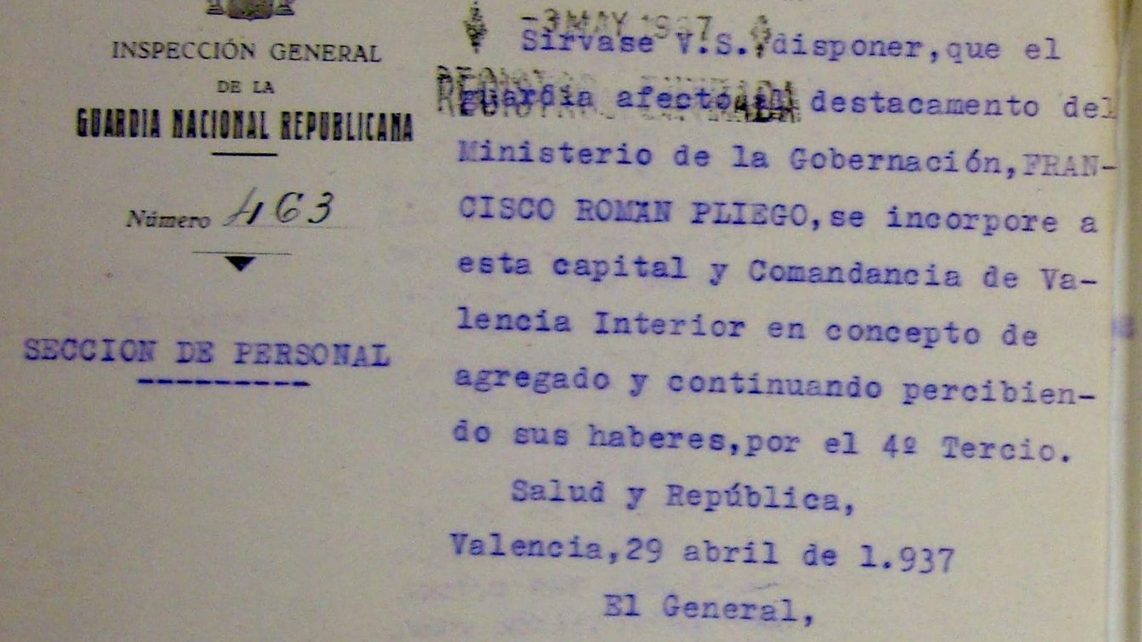 Destino en la Guardia Nacional Republicana del guardia Román. Destino en la Guardia Nacional Republicana del guardia Román.