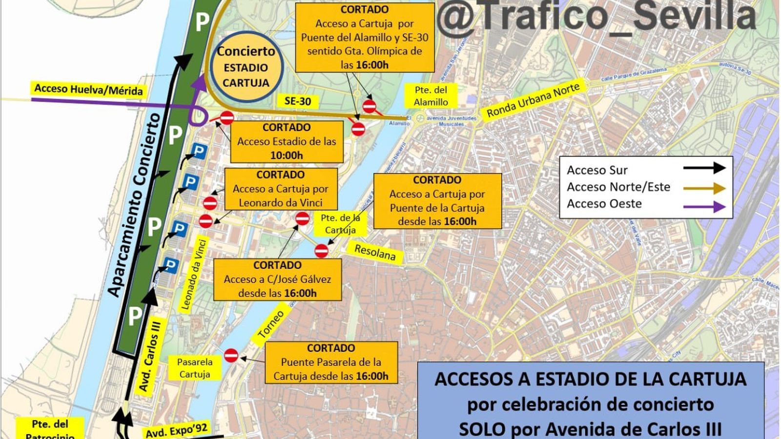 Accesos a la Cartuja por el concierto de Manuel Carrasco.