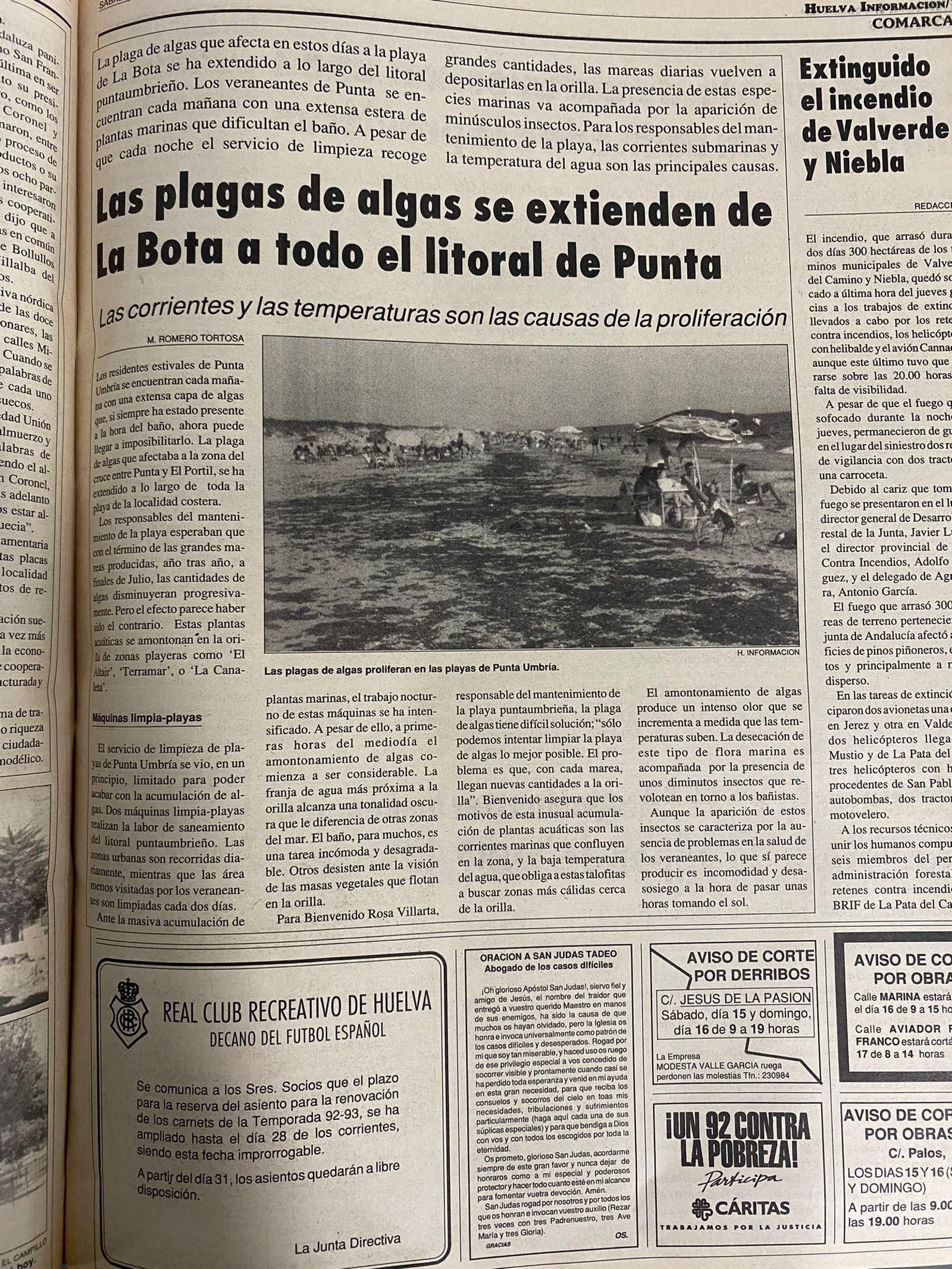 Noticia sobre la plaga de algas en el periódico Huelva Información en 1992