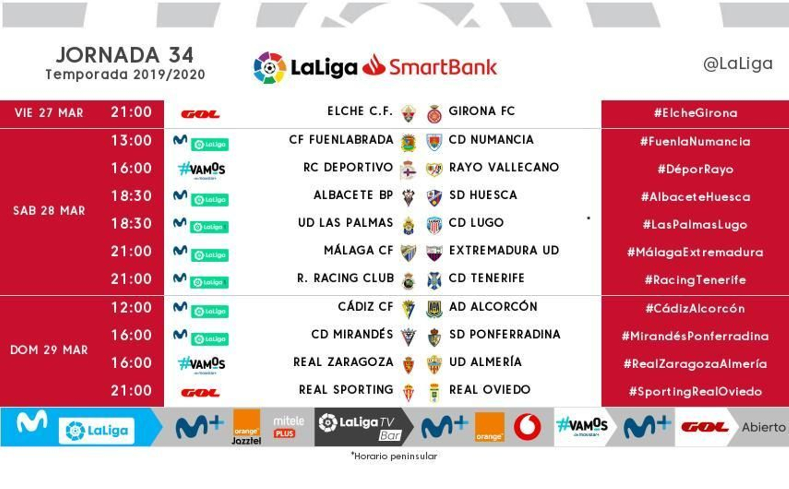 Fechas y horarios de la 34ª jornada de Liga.