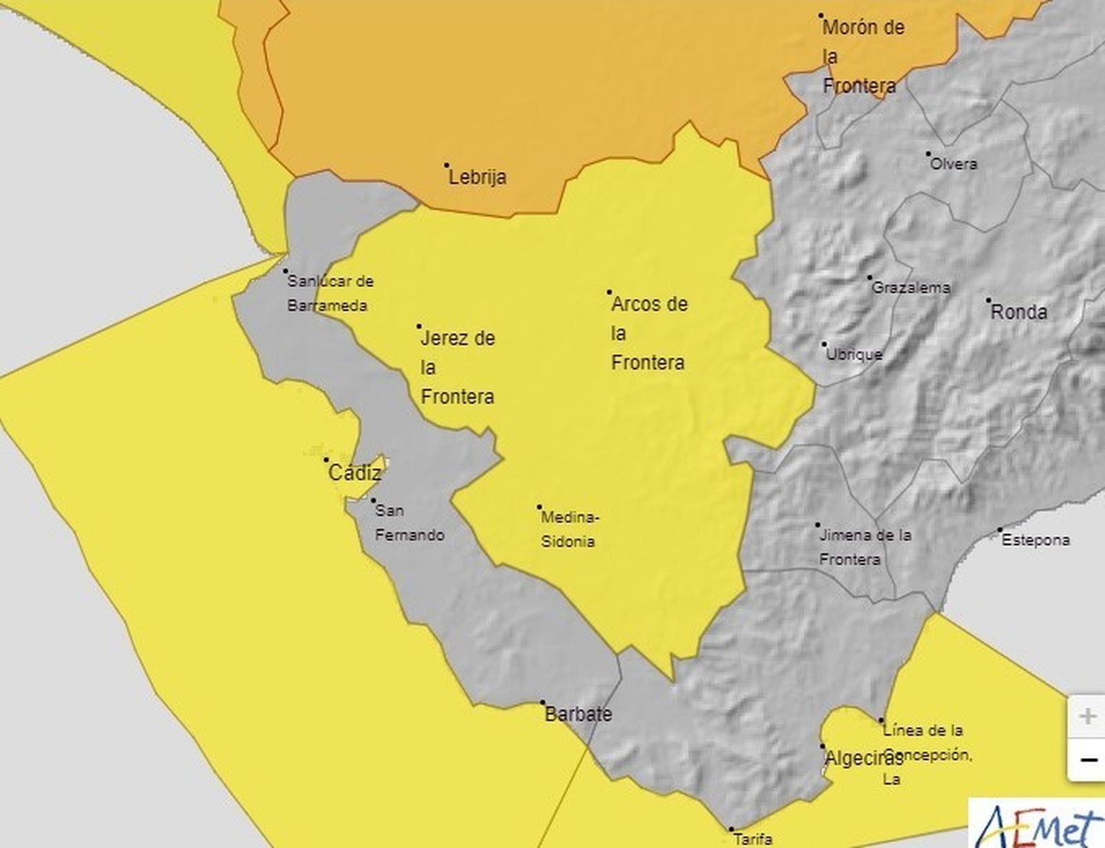 Mapa de la Aemet con los avisos amarillo y naranja