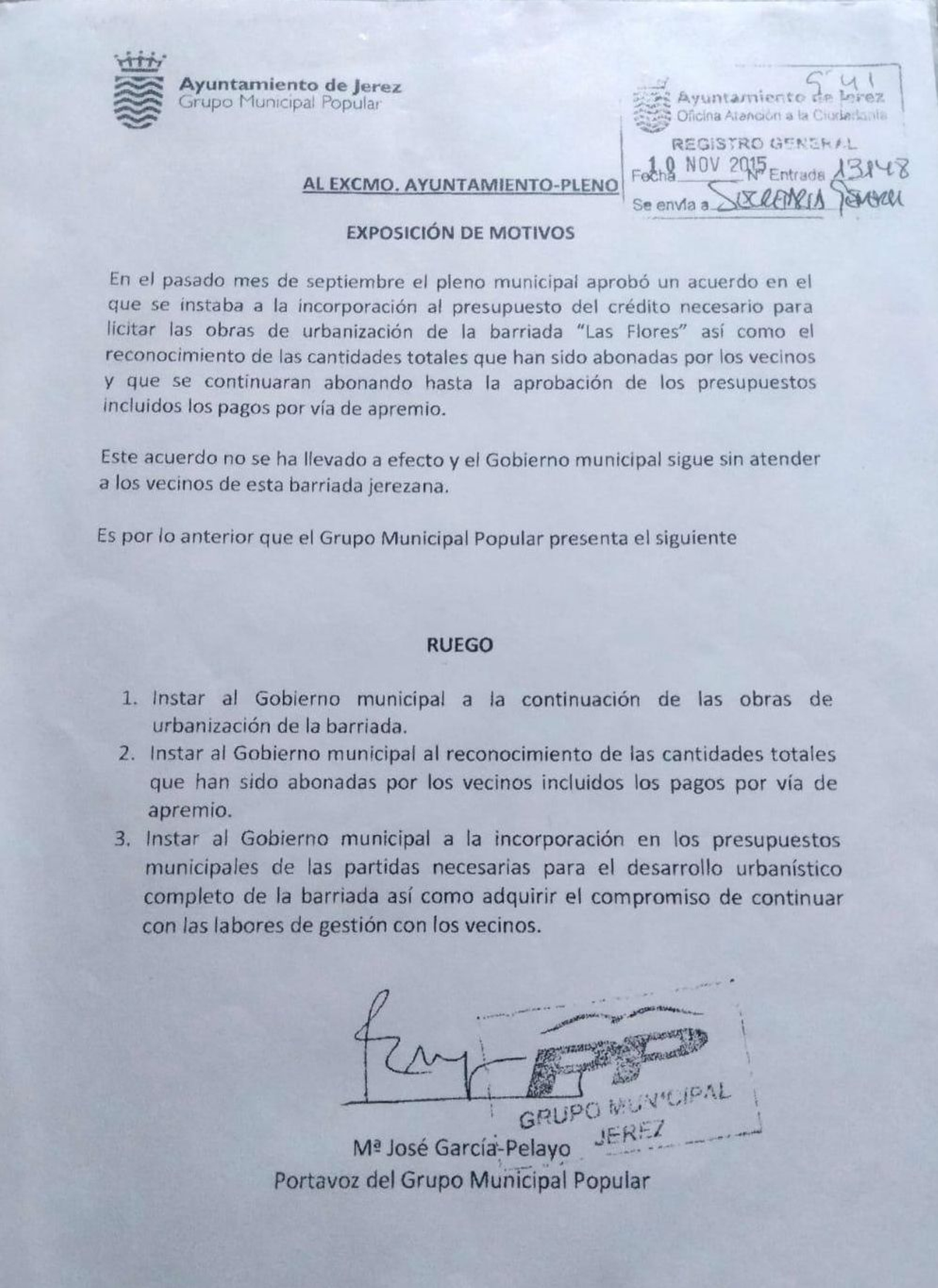 Escrito firmado por María José García-Pelayo, en 2015 desde la oposición.