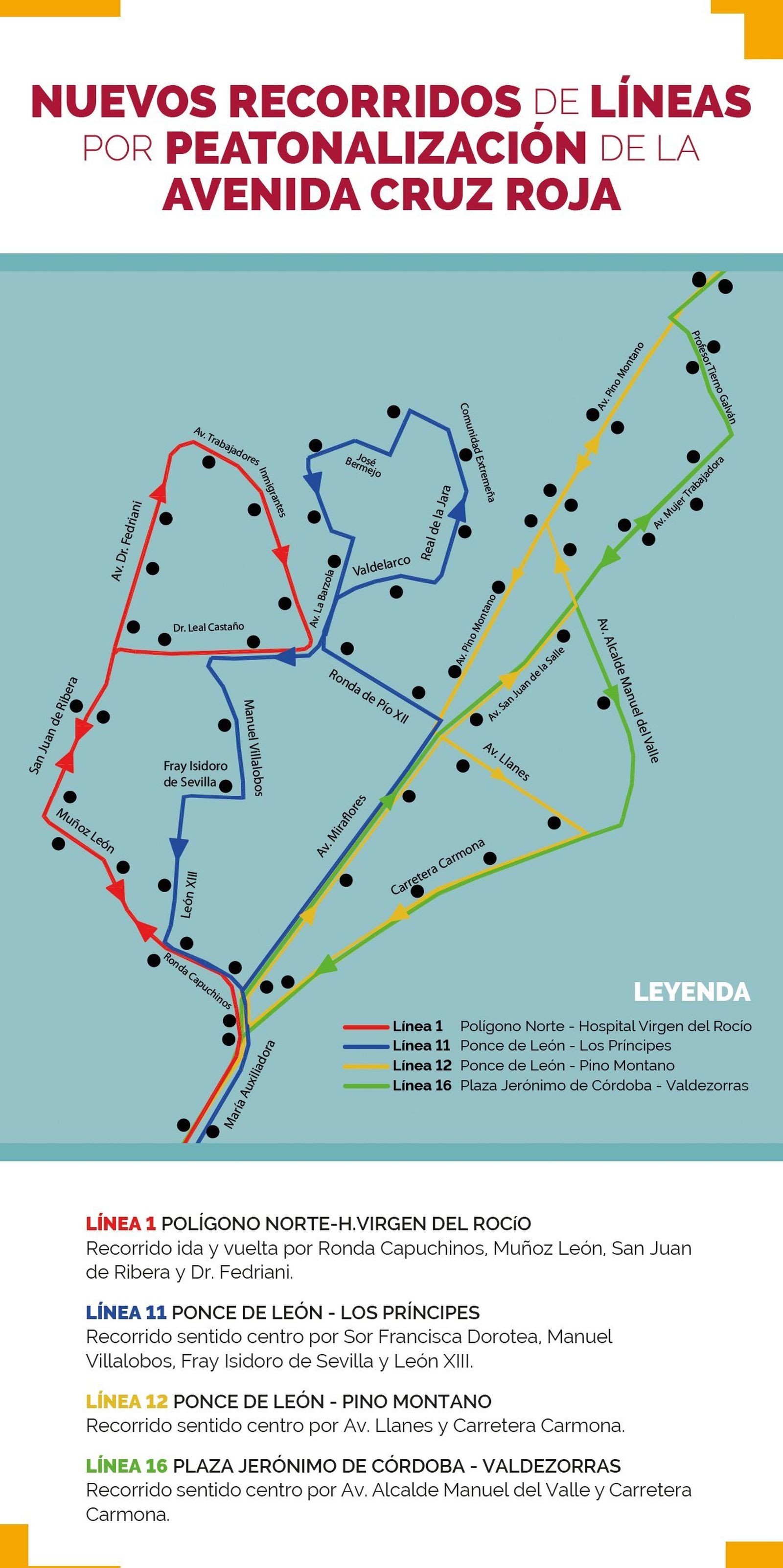 Nuevos recorridos de Tussam por la peatonalización de la avenida de la Cruz Roja