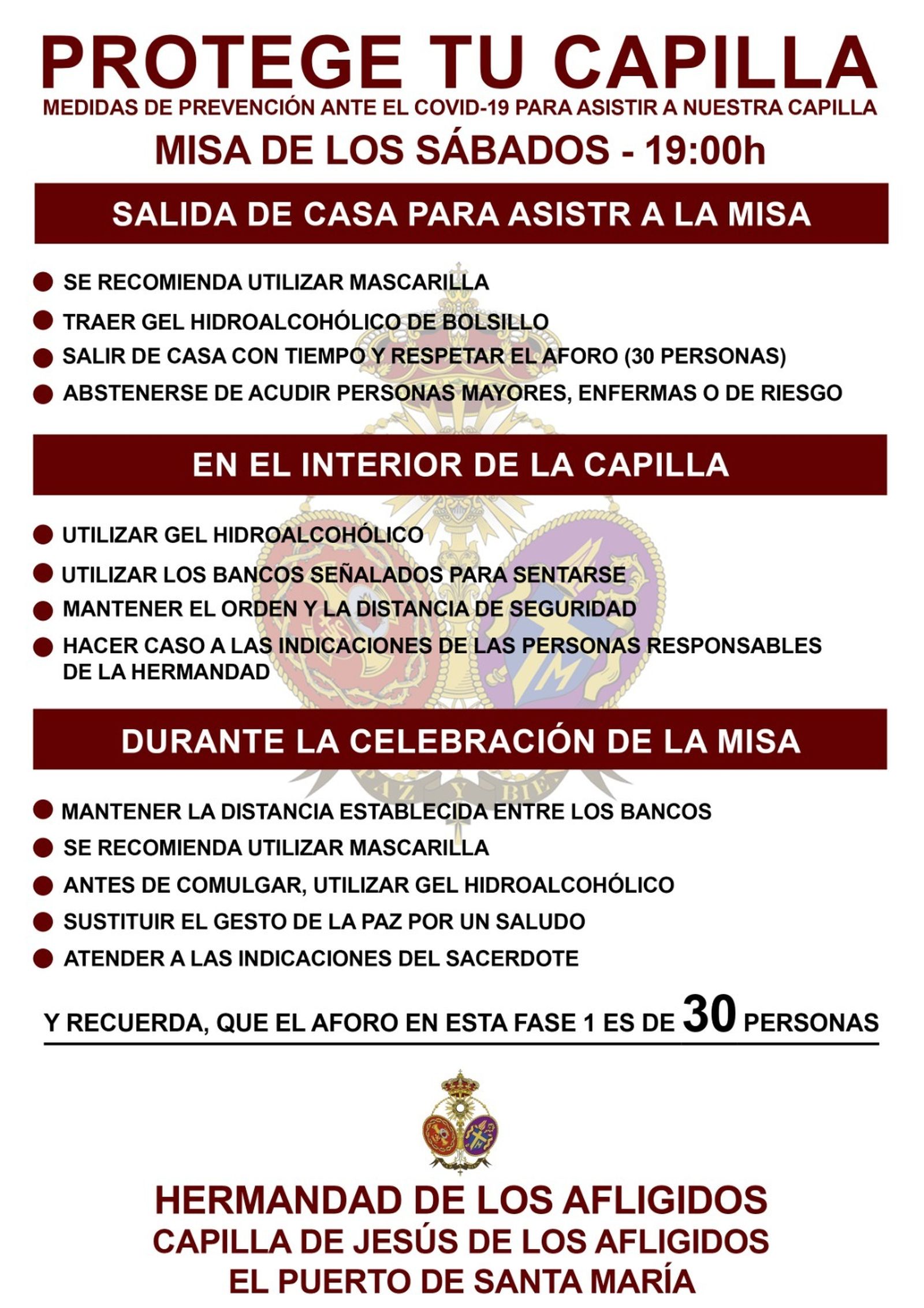 Los Afligidos reanuda sus misas de hermandad el próximo sábado, 16 de mayo.