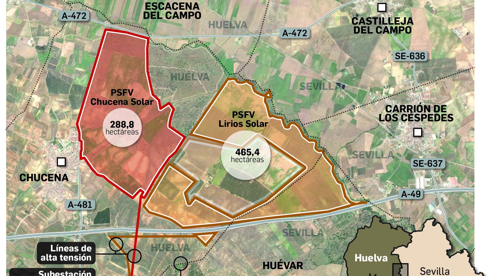 Ubicación de los dos proyectos de fotovoltaicas en Chucena.