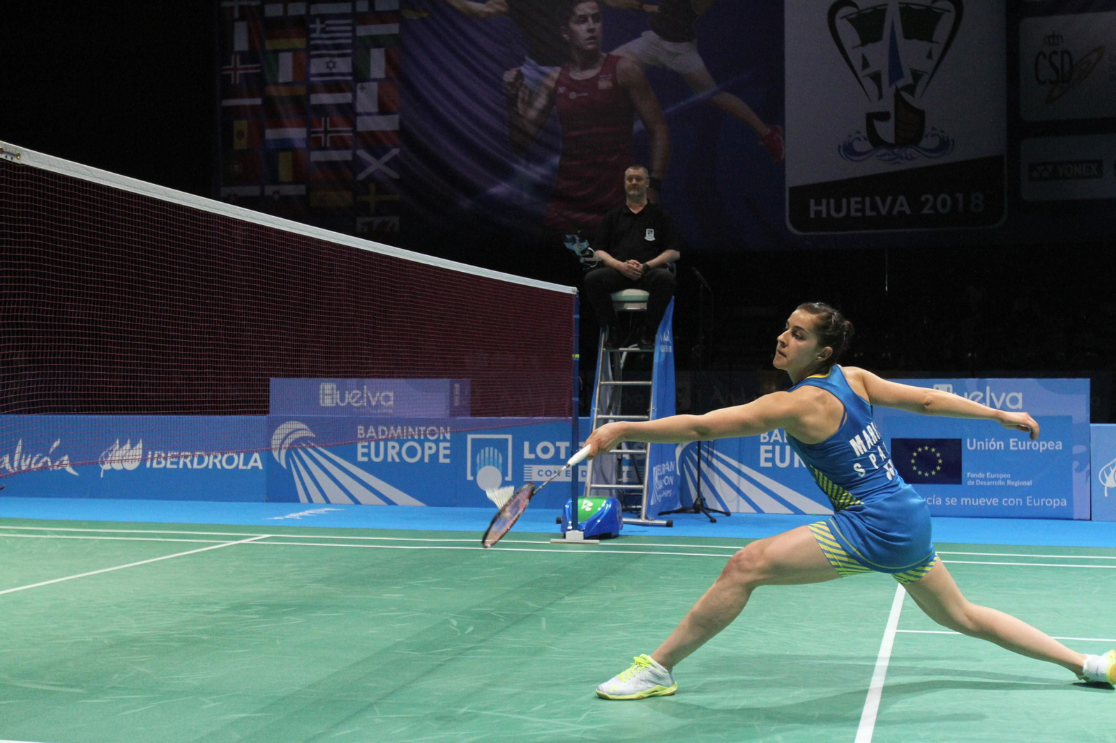 Partido y victoria de Carolina Marín en el Europeo de Bádminton celebrado en Huelva