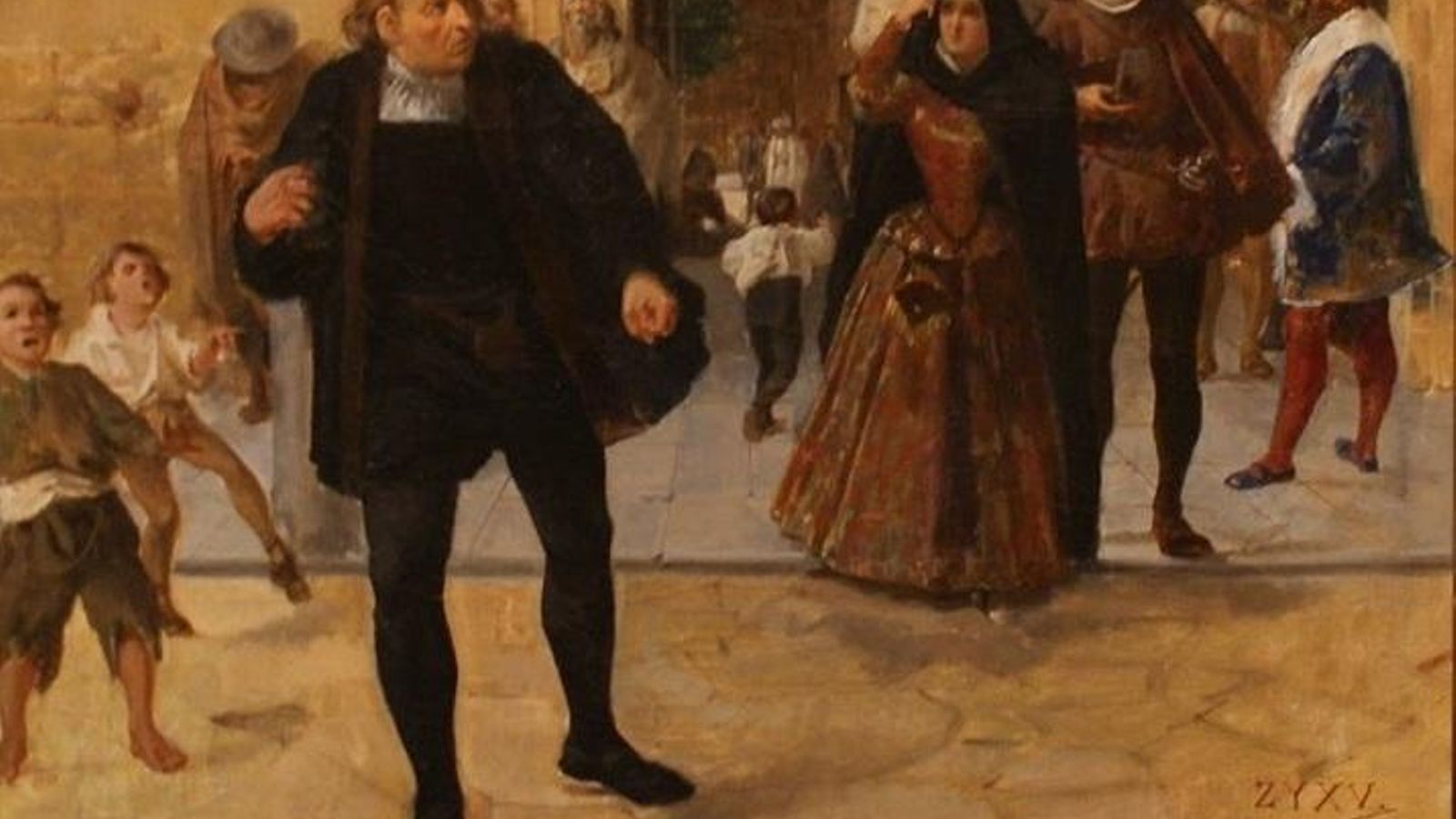 Cuadro de Rafael Romero de Torres en el que aparece Colón saliendo de la Mezquita con Beatriz detrás.
