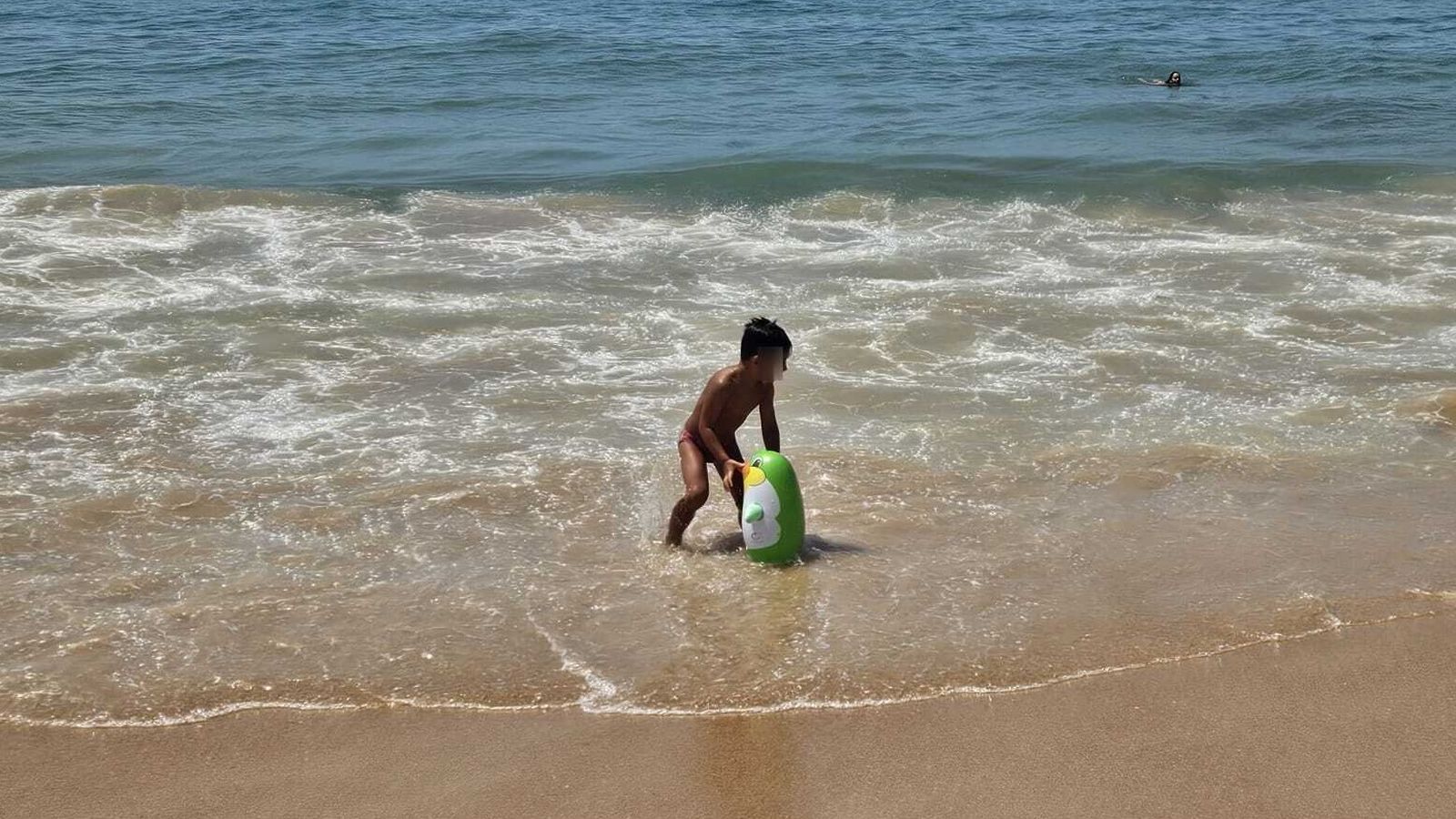 Un niño en la orilla jugando con el pigüino