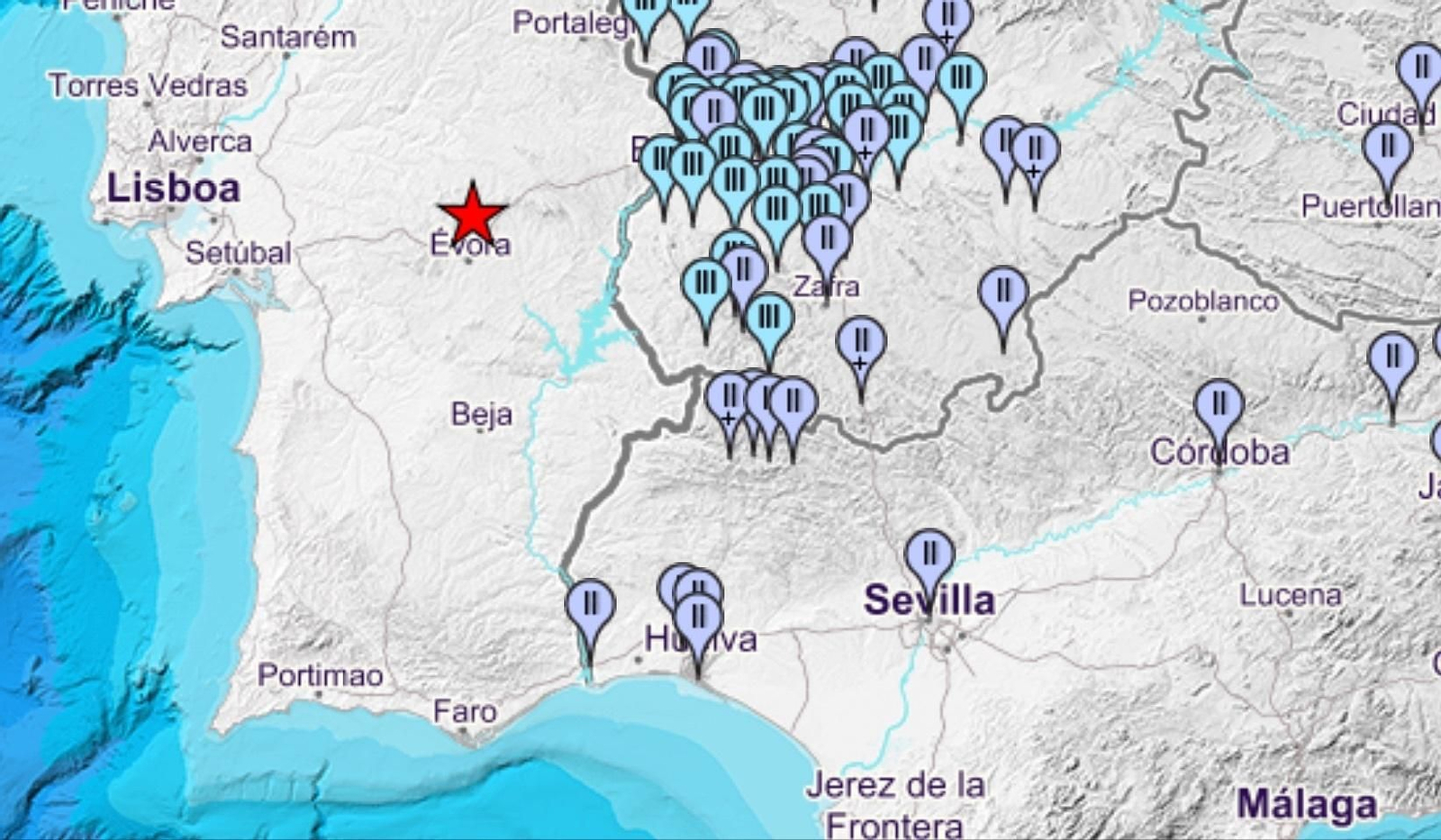 Mapa publicado por el IGN con distintos puntos de España y el grado de intensidad con el que se sintió el seísmo de ayer en Évora.