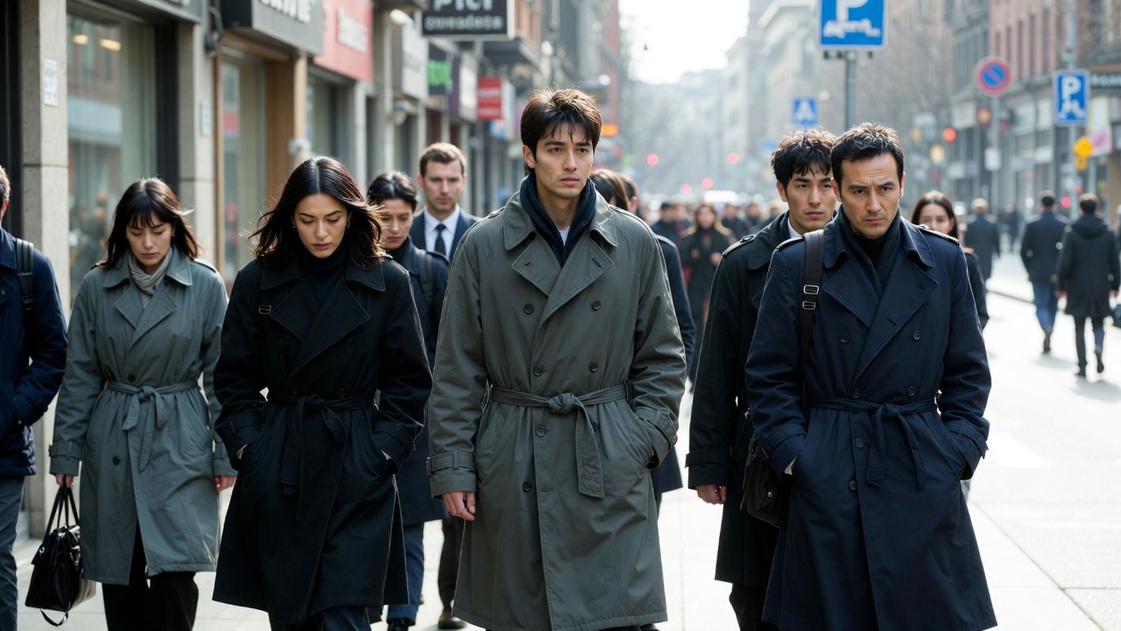 Personas con gabardina andan por una calle