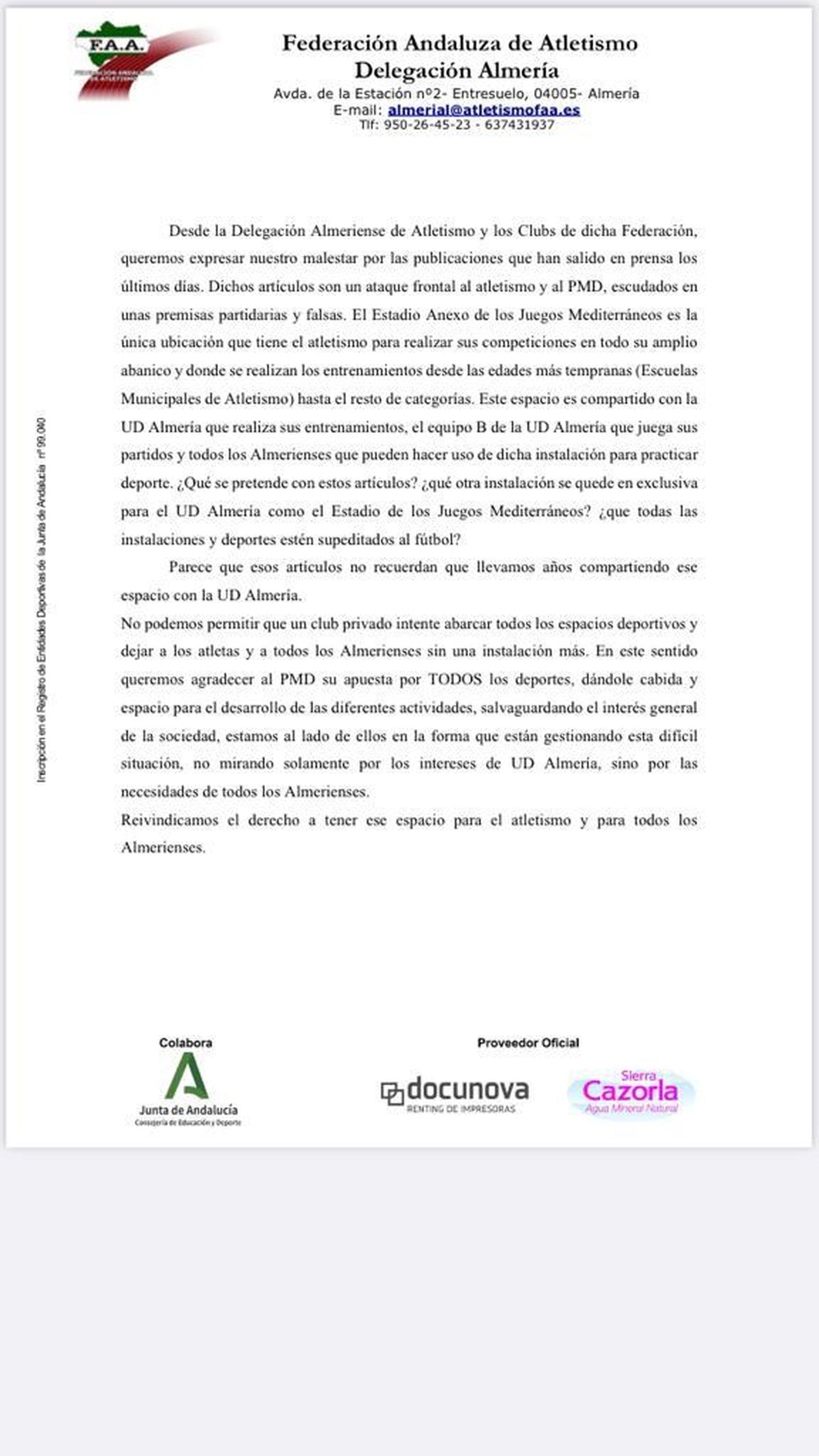 Detalle del comunicado del atletismo