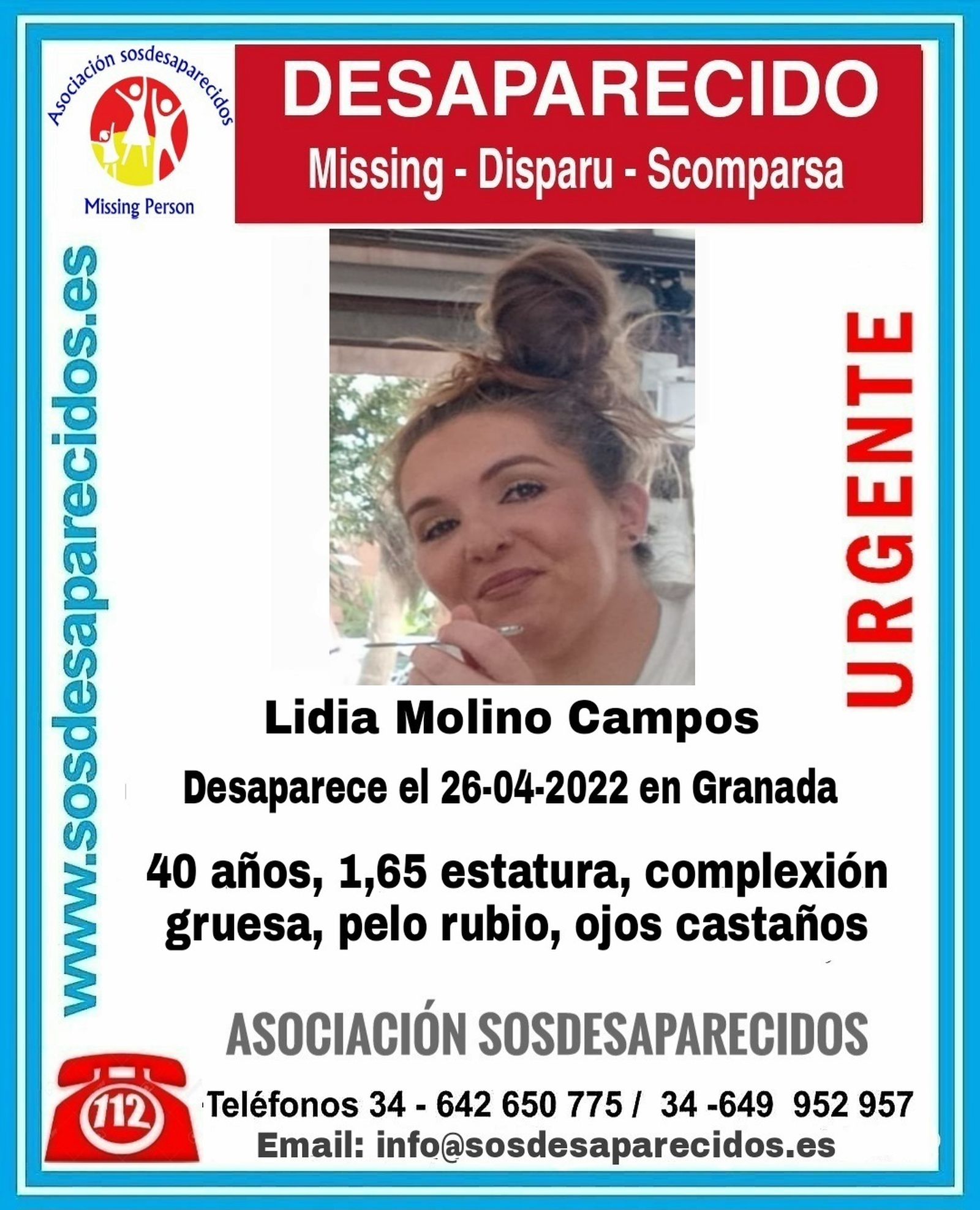 Cartel que anuncia la desaparición de la mujer en Granada y ofrece su descripción