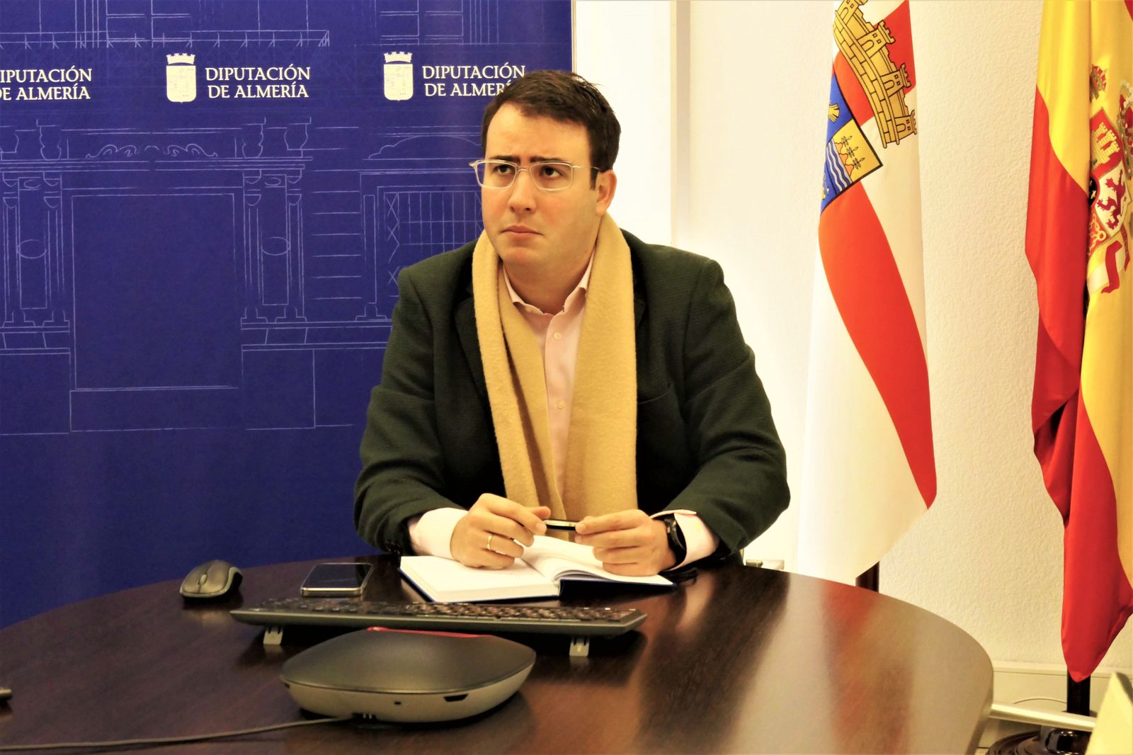 El diputado de Presidencia de la Diputación Provincial, Fernando Giménez, durante la reunión telemática.