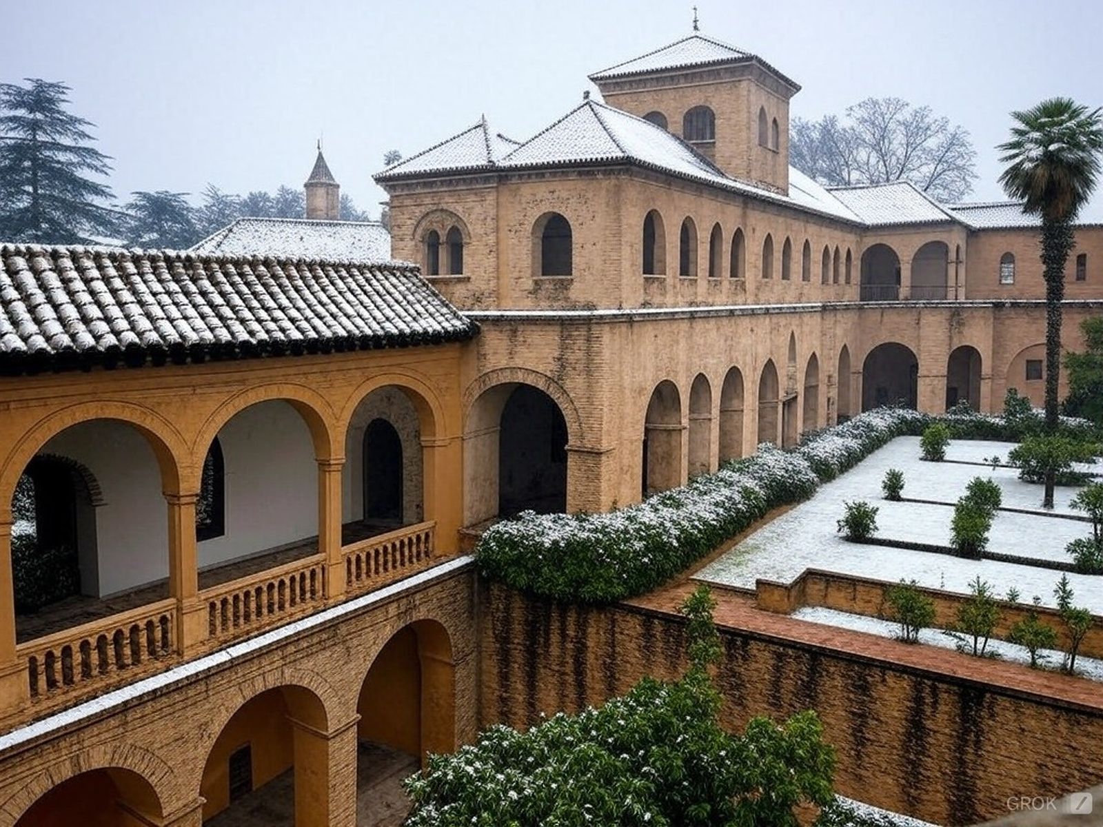 Una zona del Alcázar de Sevilla cubierta de nieve, según la IA