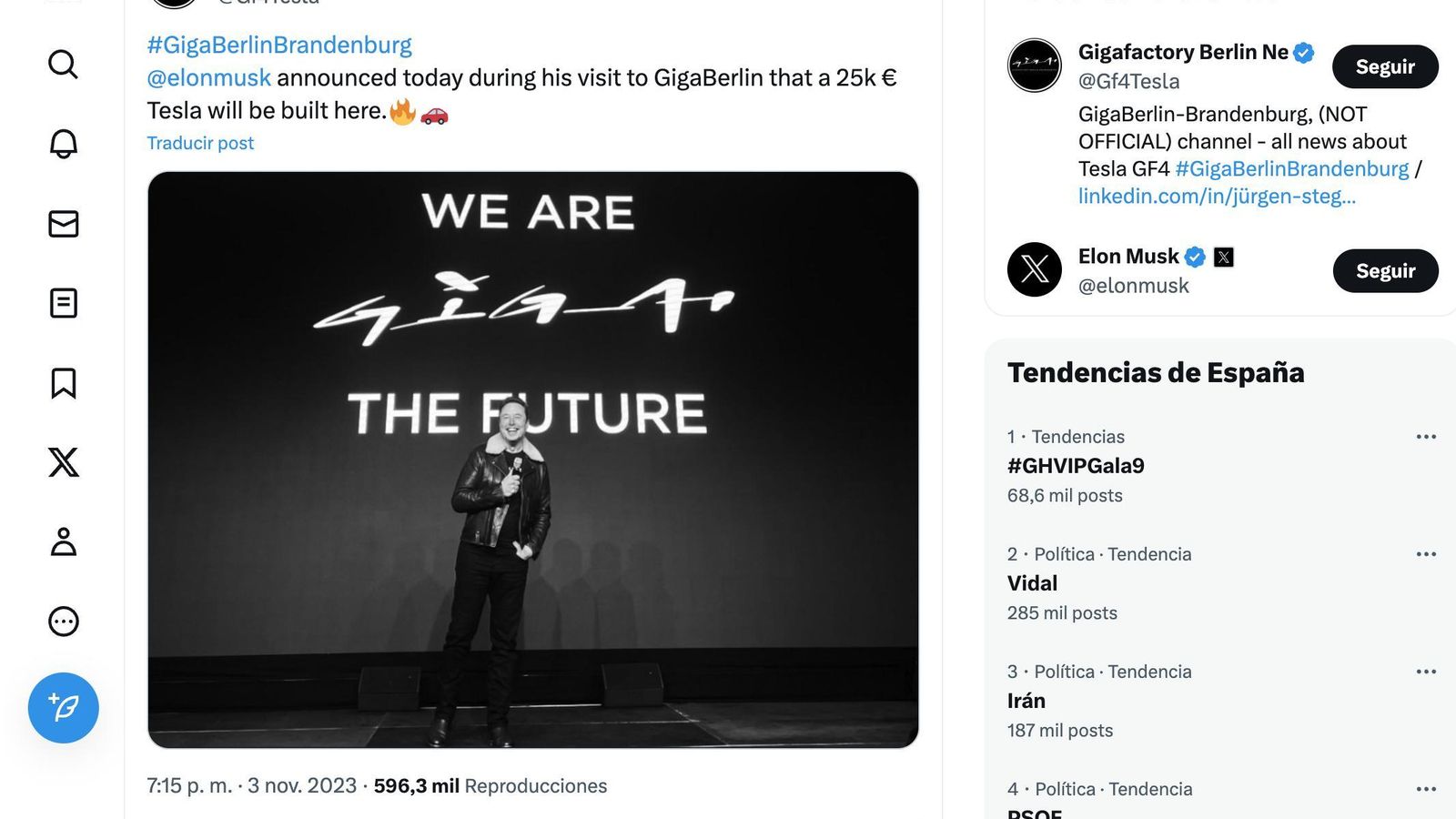 Tesla utilizó X para anunciar durante la visita a la fábrica alemana de la producción de un coche de 25.000 euros que se fabricará allí.