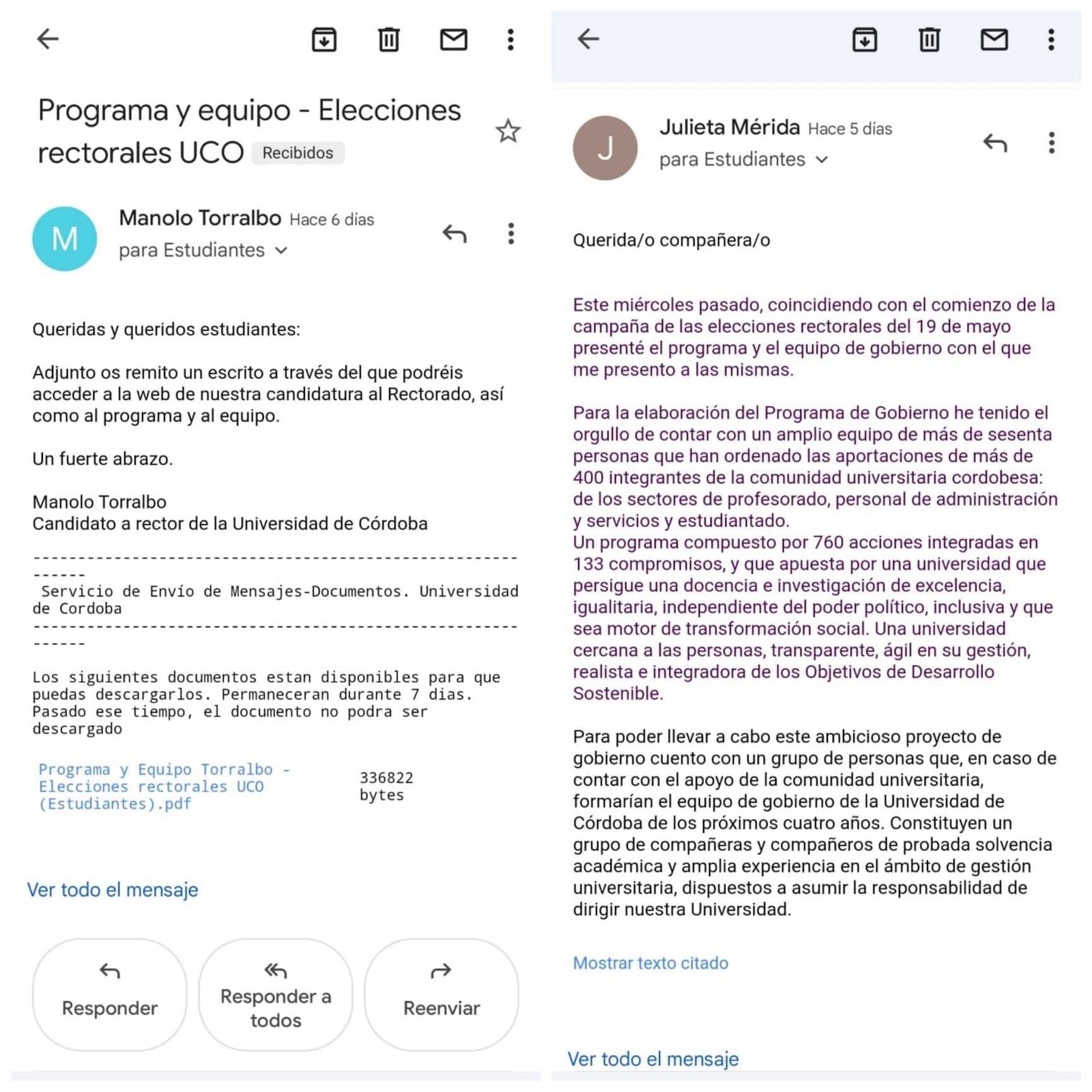 Correos remitidos por ambos candidatos.