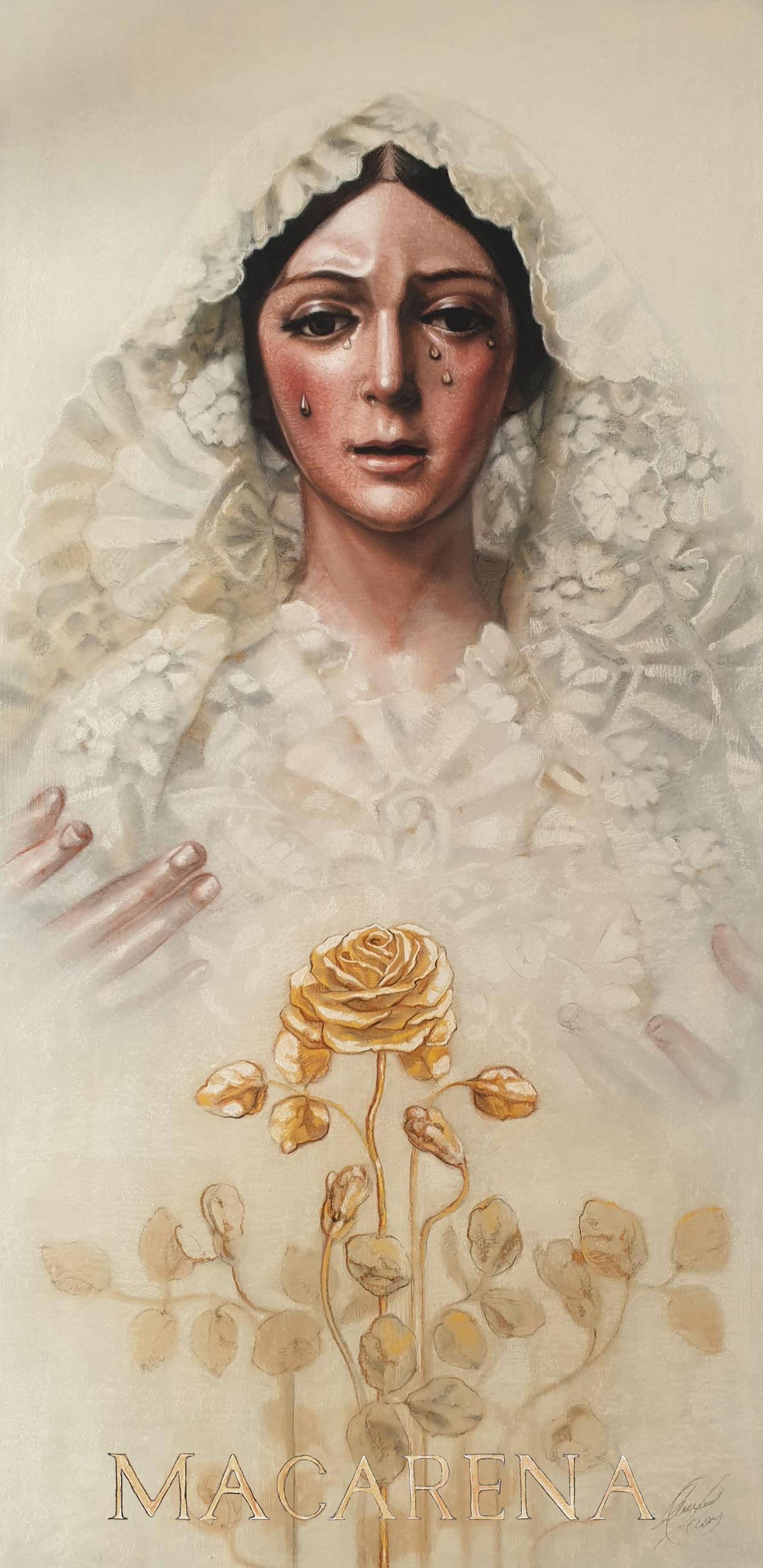 La Macarena aparece con mantilla para recibir la Rosa en el cartel