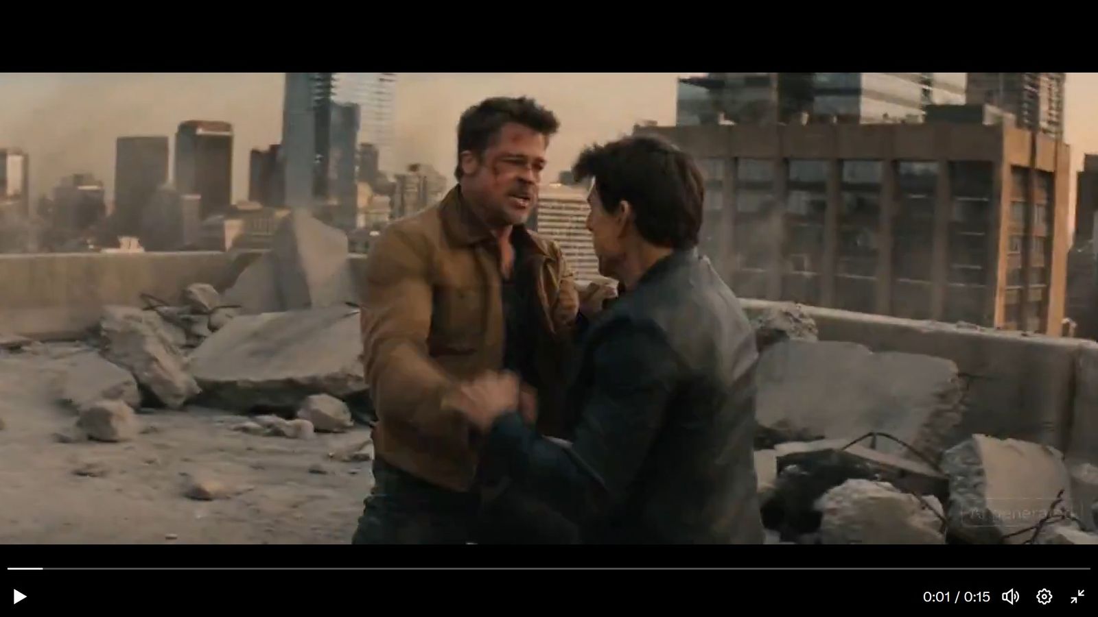 Captura del vídeo creado con Seedance que muestra una pelea entre Brad Pitt y Tom Cruise.
