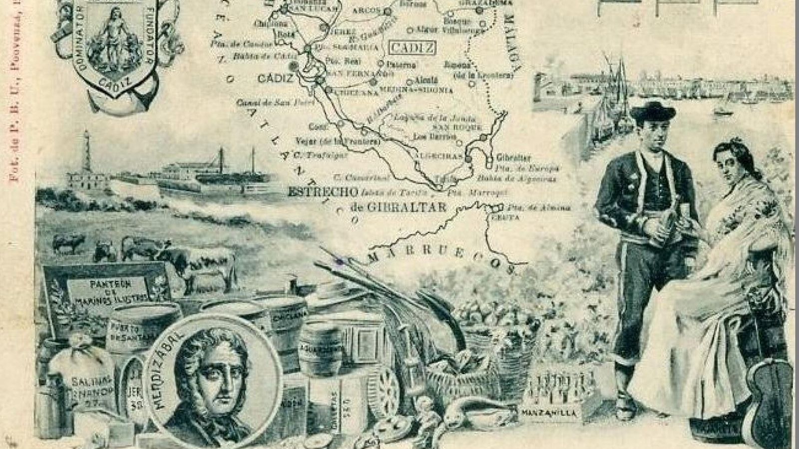 Postal donde se representa a la provincia Cádiz y sus productos, entre ellos el jerez y la manzanilla.