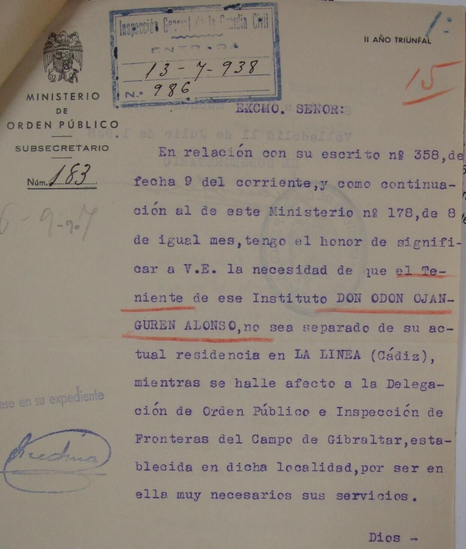 Petición del Ministerio de Orden Público relativa al teniente Ojanguren de La Línea (1938).