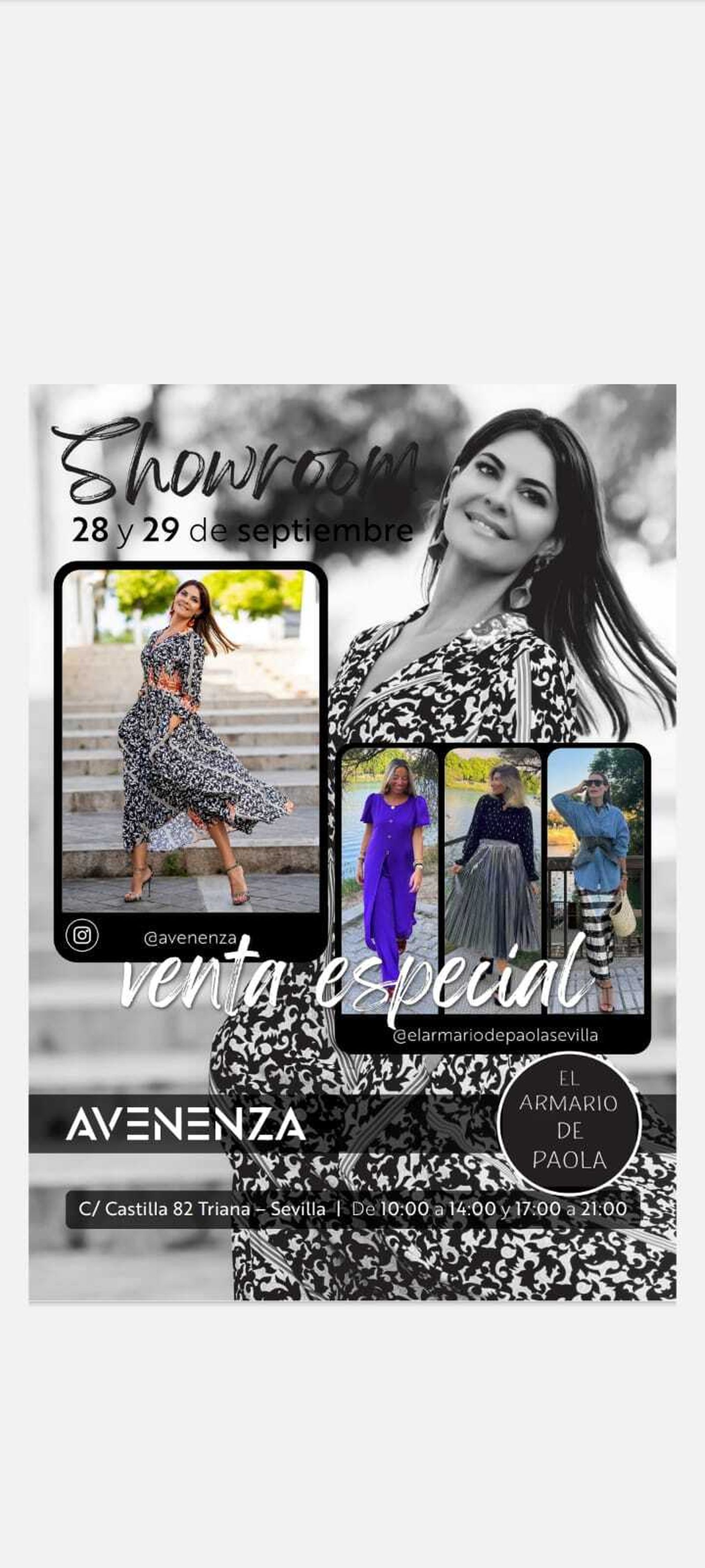 Cartel promocional del showroom de María José Suárez y El armario de Paola.