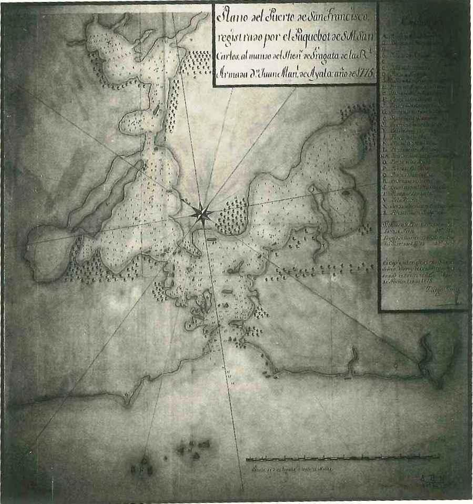 Detalle del plano del puerto de San Francisco, registrado por el paquebote ‘San Carlos’ al mando del teniente de Juan Manuel de Ayala (Archivo Histórico Nacional) .