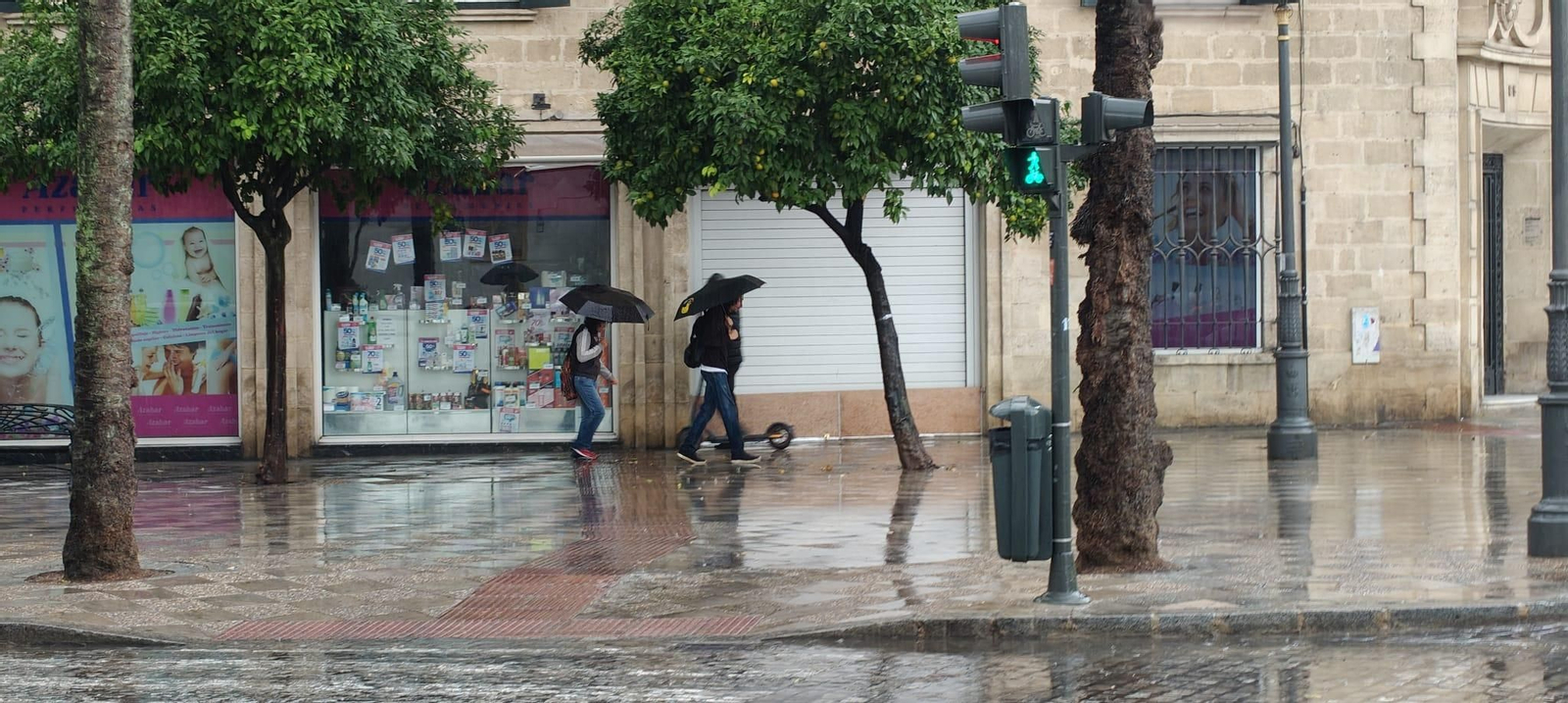 Dos personas se protegen con paraguas de la lluvia, a primera hora de la tarde, en el centro de Jerez.
