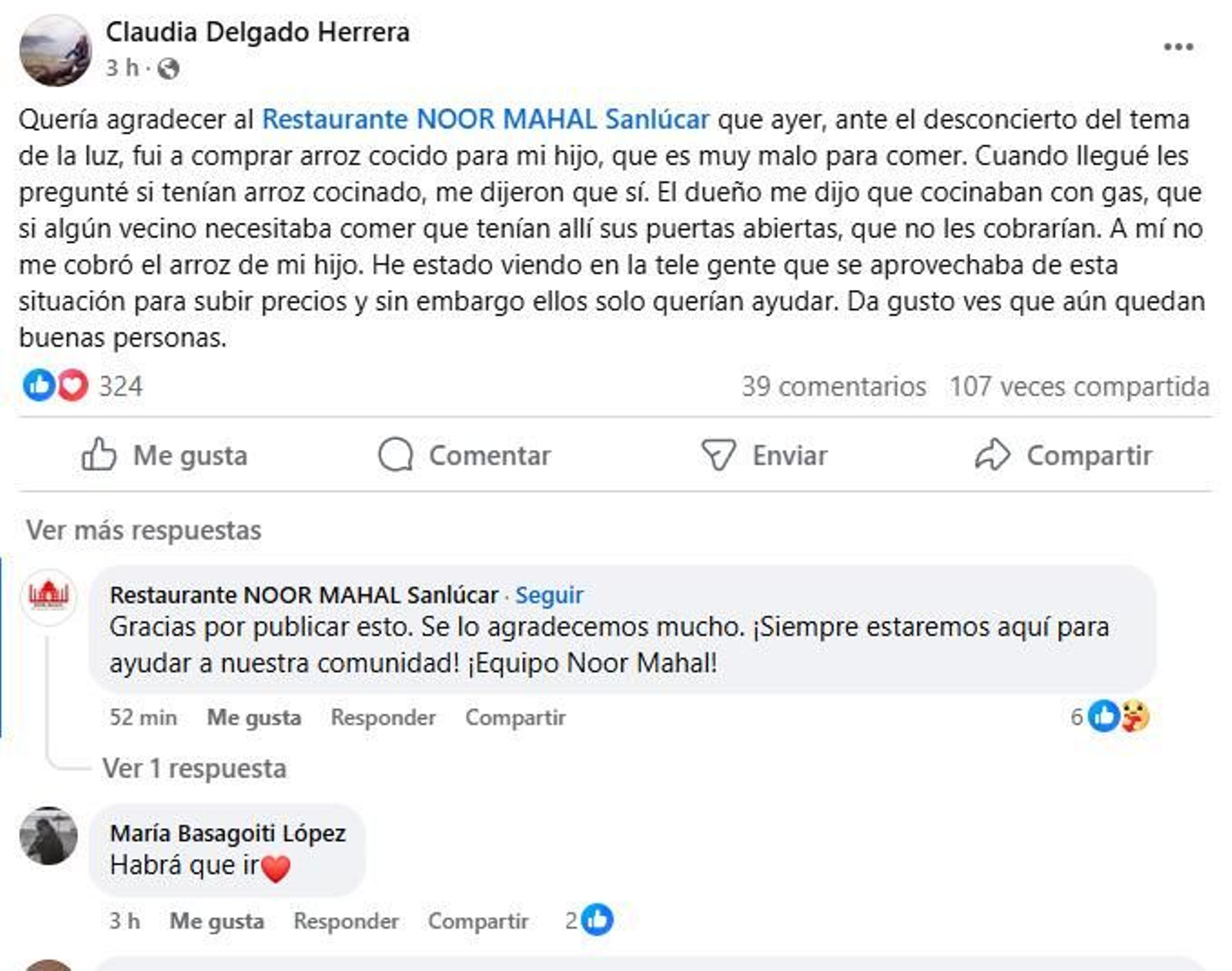 Una vecina de Sanlúcar falicita a un restaurante indio por dar comida gratis durante el apagón