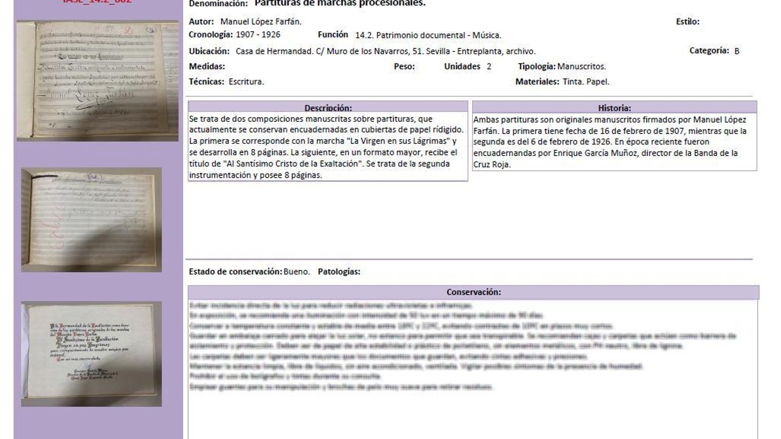 Ficha de la conservación de las partituras de Farfán