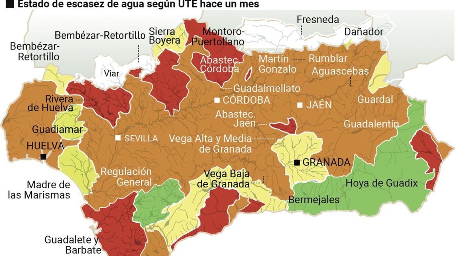 Estado de sequía en Andalucía por Comarcas hace un mes. Fuente: SAIH