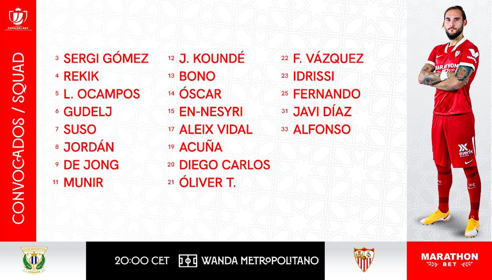 Carátula oficial del Sevilla con la lista de 21 futbolistas para la Copa.