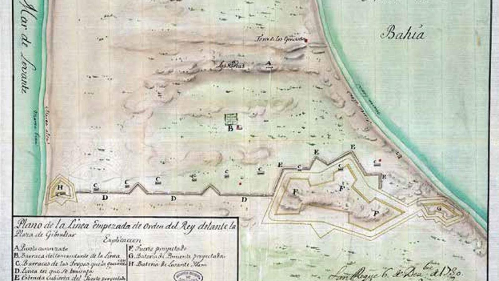 Vista y perspectiva de Gibraltar con las once barracas construidas de mar a mar.