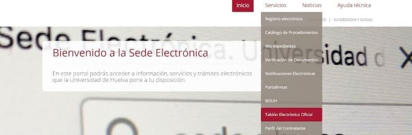 Imagen de la Sede Electrónica en la web de la Universidad de Huelva.
