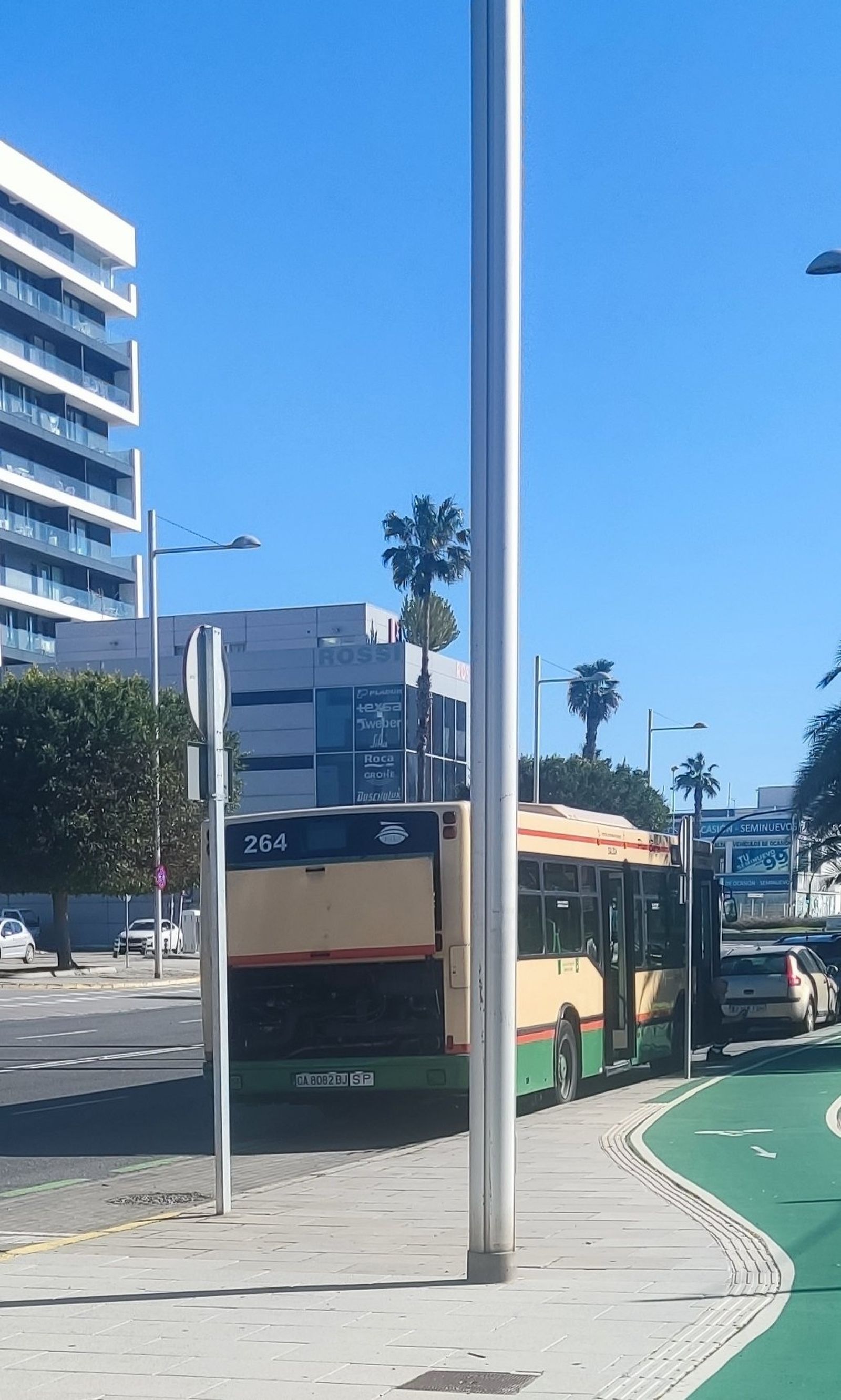 Imagen de un autobús averiado en la avenida de la Sanidad Pública estos días.