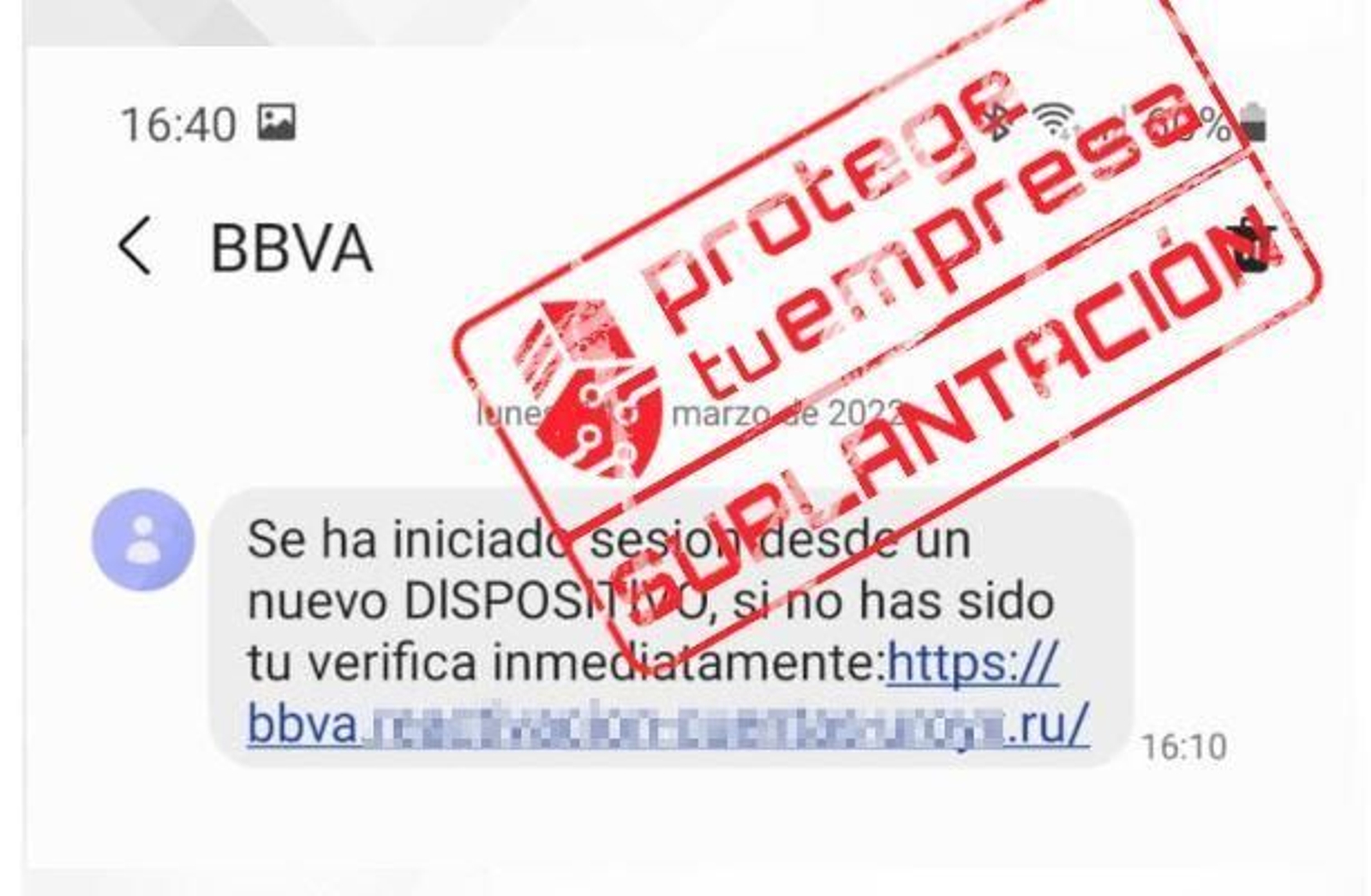 Ejemplo de smishing suplantando entidades bancarias, difundido por el Incibe.