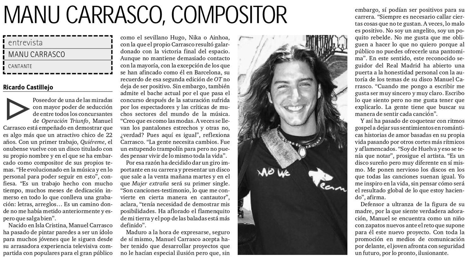 La entrevista de Huelva Información a Manuel Carrasco después de ganar Operación Triunfo La entrevista de Huelva Información a Manuel Carrasco después de ganar Operación Triunfo