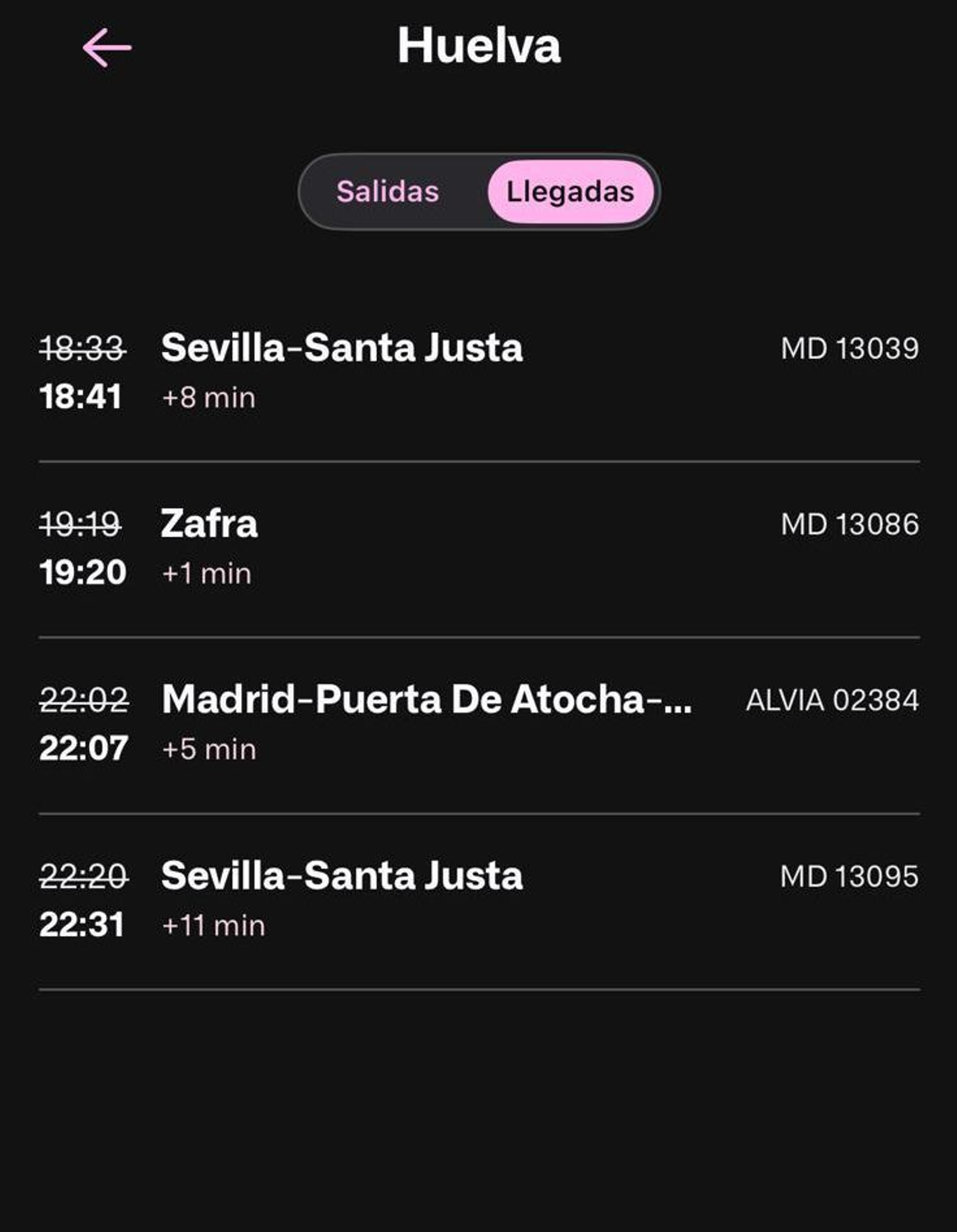 Trenes que llegaron a Huelva el 6 de diciembre.