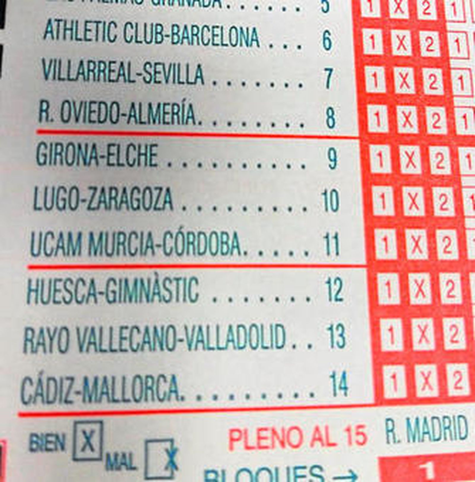 El partido entre el Cádiz y el Mallorca aparece en la casilla 14 de la quiniela.