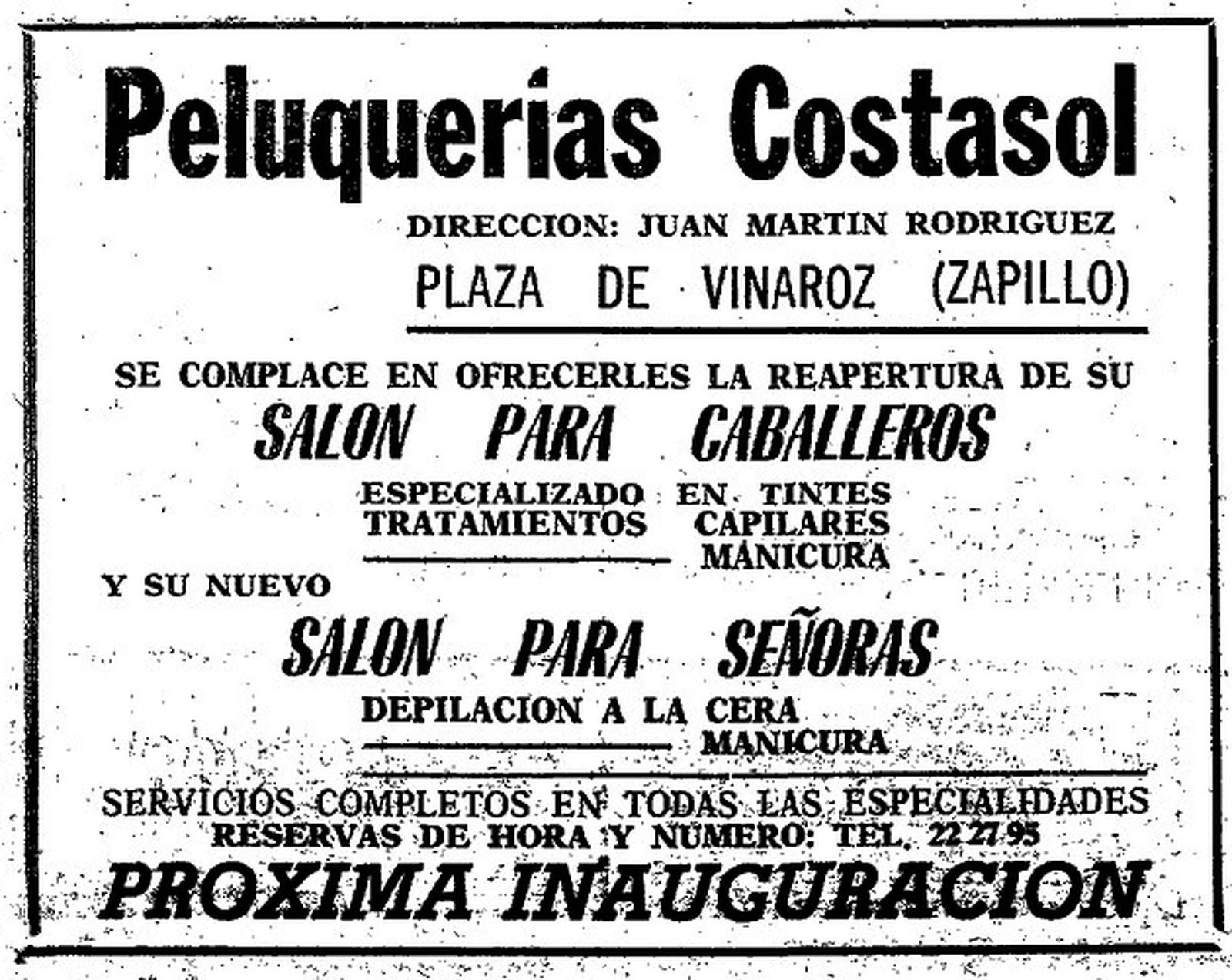 Anuncio de prensa de 1974 de la inauguración de un salón para hombres y mujeres en Almería