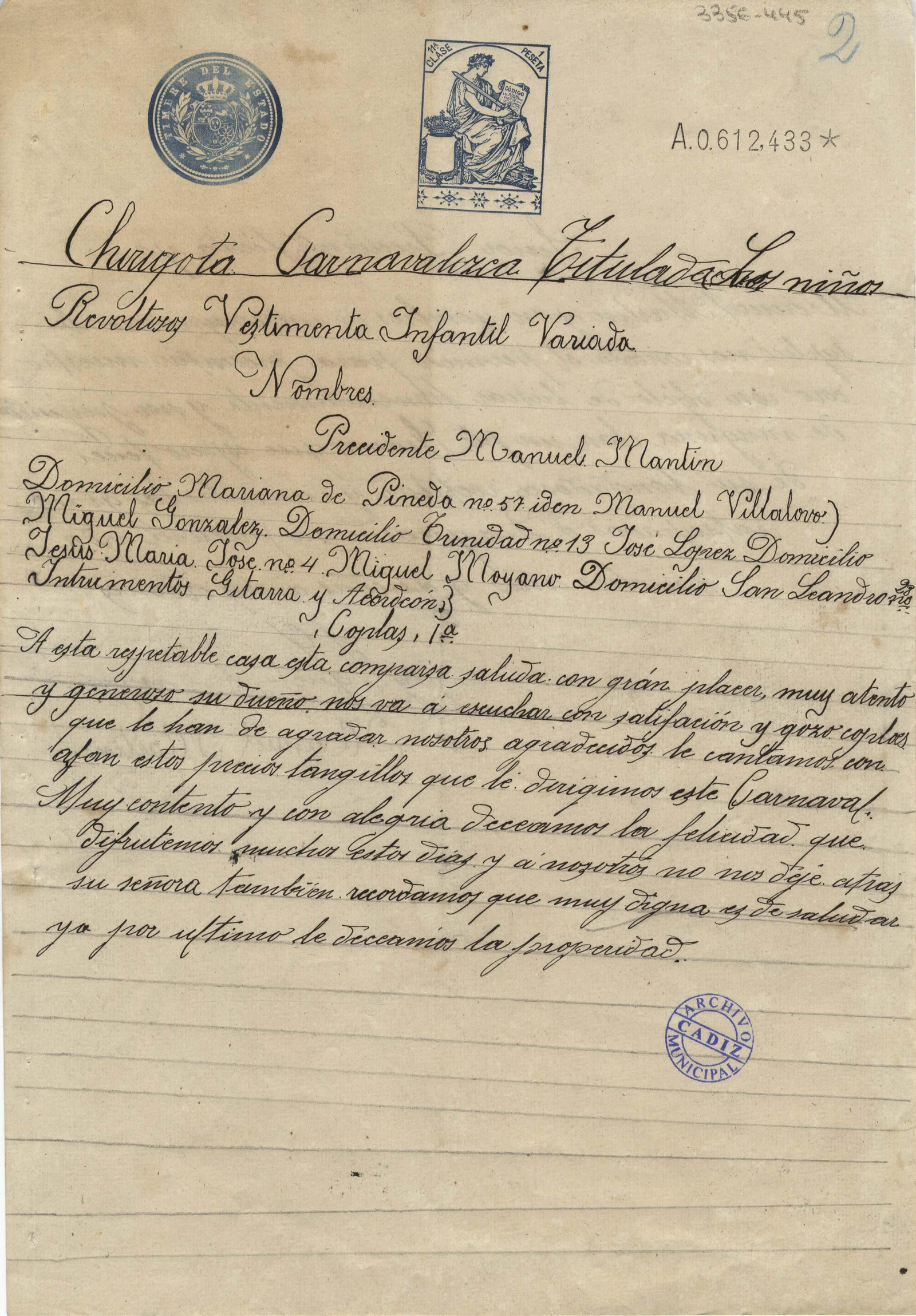 Petición de licencia de la chirigota 'Los niños revoltosos' de 1919.